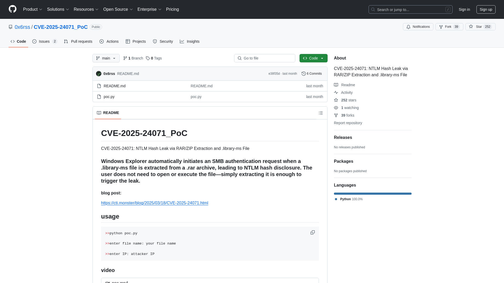 GitHub - 0x6rss/CVE-2025-24071_PoC: CVE-2025-24071: NTLM Hash Leak via RAR/ZIP Extraction and .library-ms File