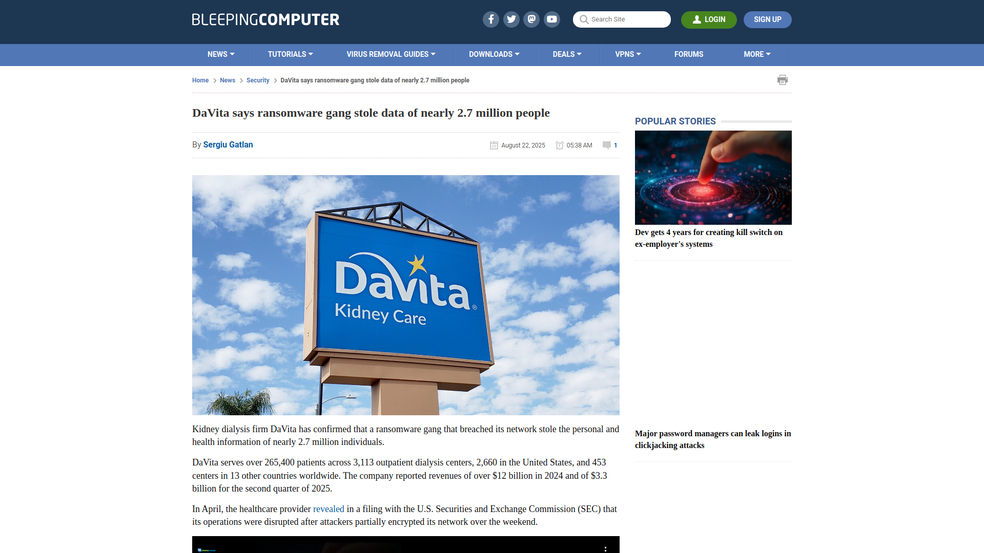 DaVita says ransomware gang stole data of nearly 2.7 million people