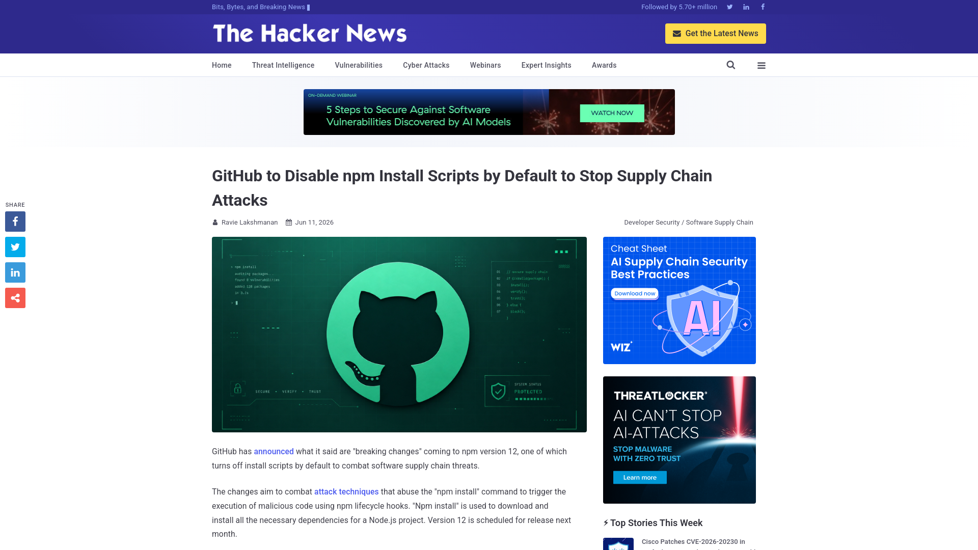 GitHub to Disable npm Install Scripts by Default to Stop Supply Chain Attacks