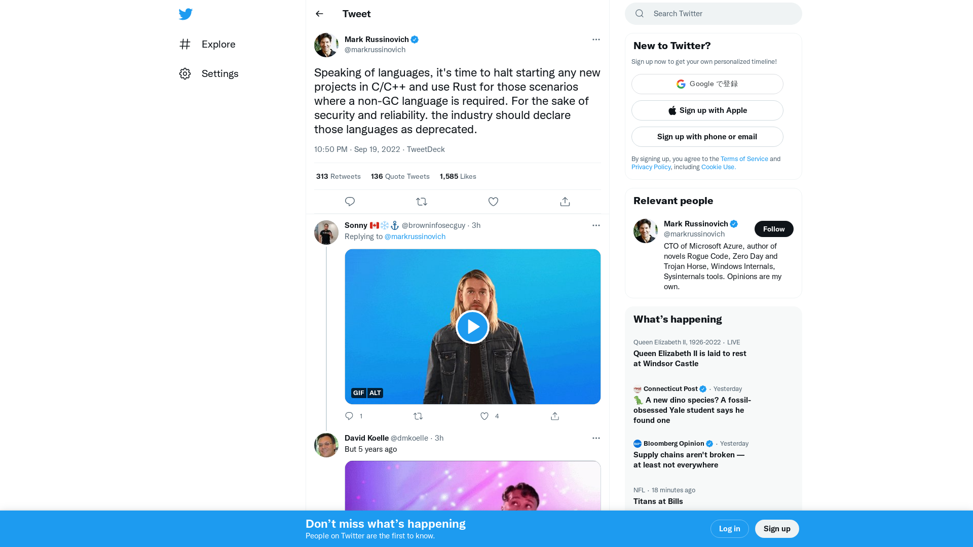 Mark Russinovich on Twitter: "Speaking of languages, it's time to halt starting any new projects in C/C++ and use Rust for those scenarios where a non-GC language is required. For the sake of security and reliability. the industry should declare those languages as deprecated." / Twitter