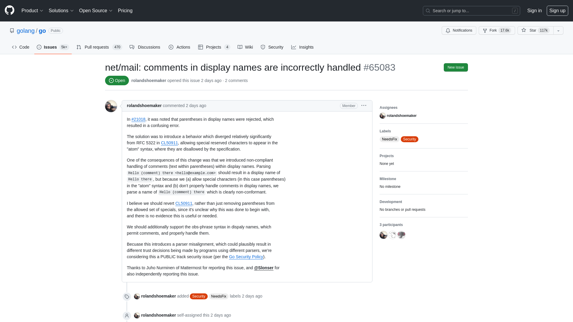 net/mail: comments in display names are incorrectly handled · Issue #65083 · golang/go · GitHub