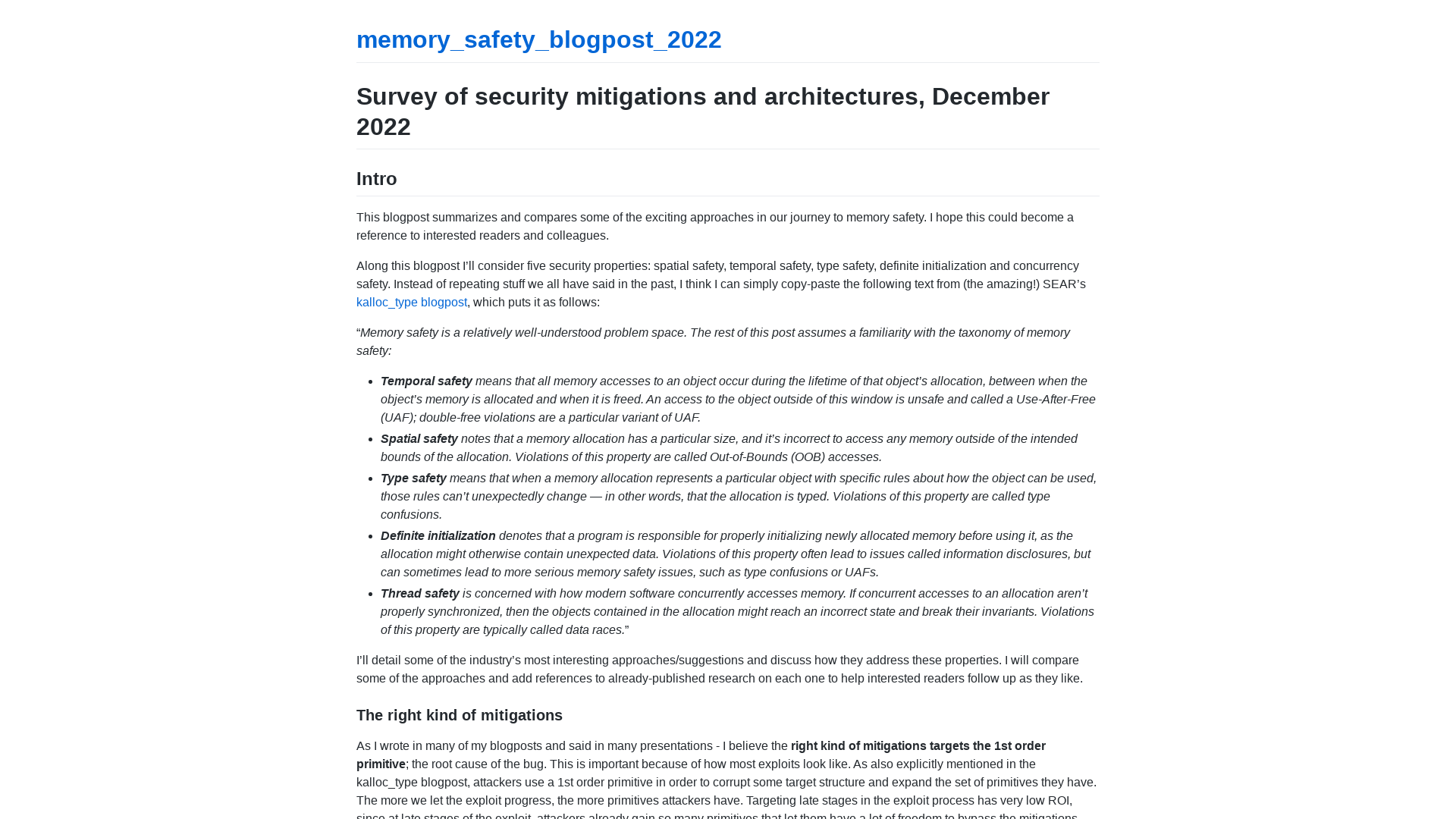 Survey of security mitigations and architectures, December 2022 | memory_safety_blogpost_2022