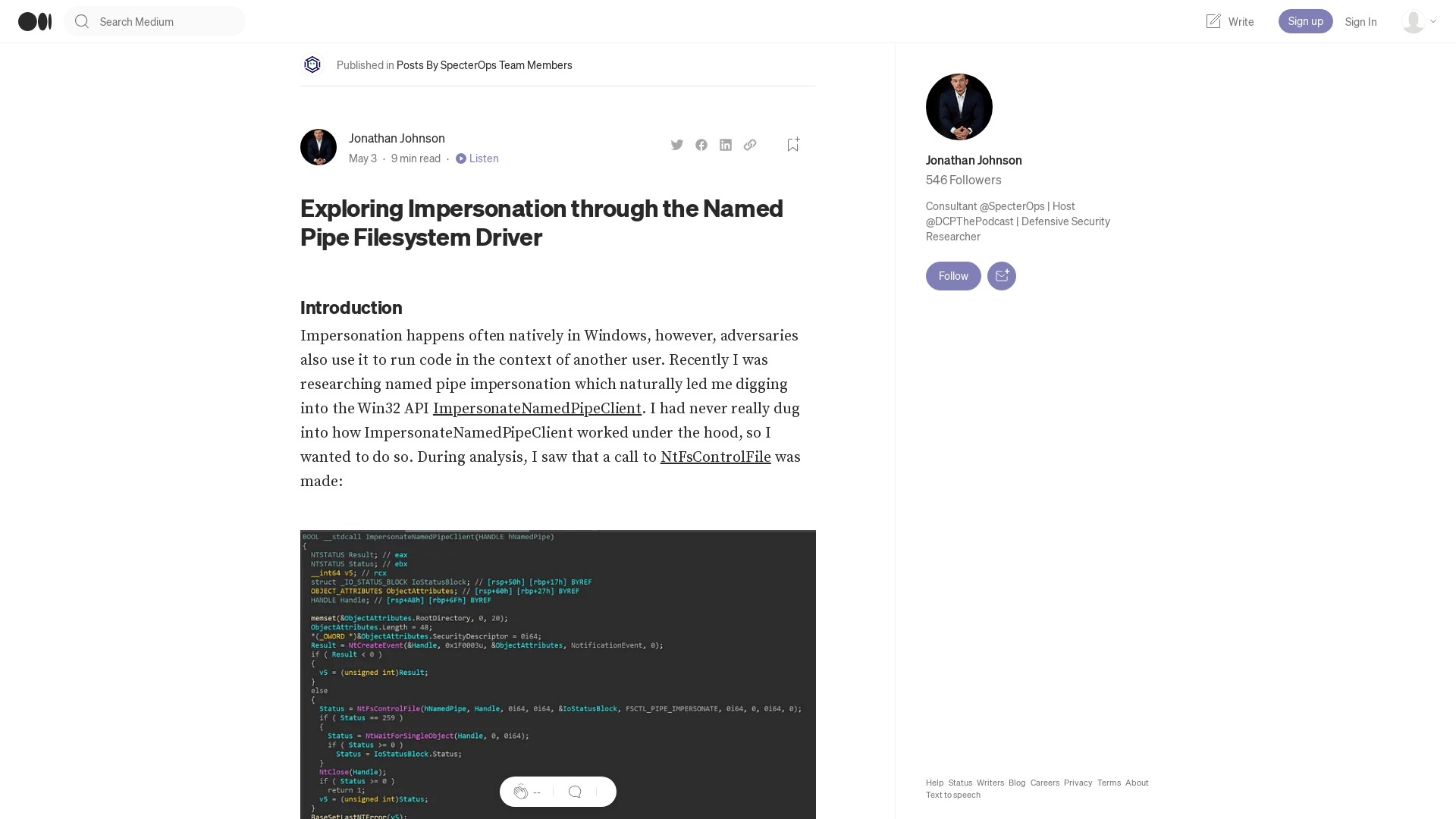 Exploring Impersonation through the Named Pipe Filesystem Driver | by Jonathan Johnson | May, 2023 | Posts By SpecterOps Team Members