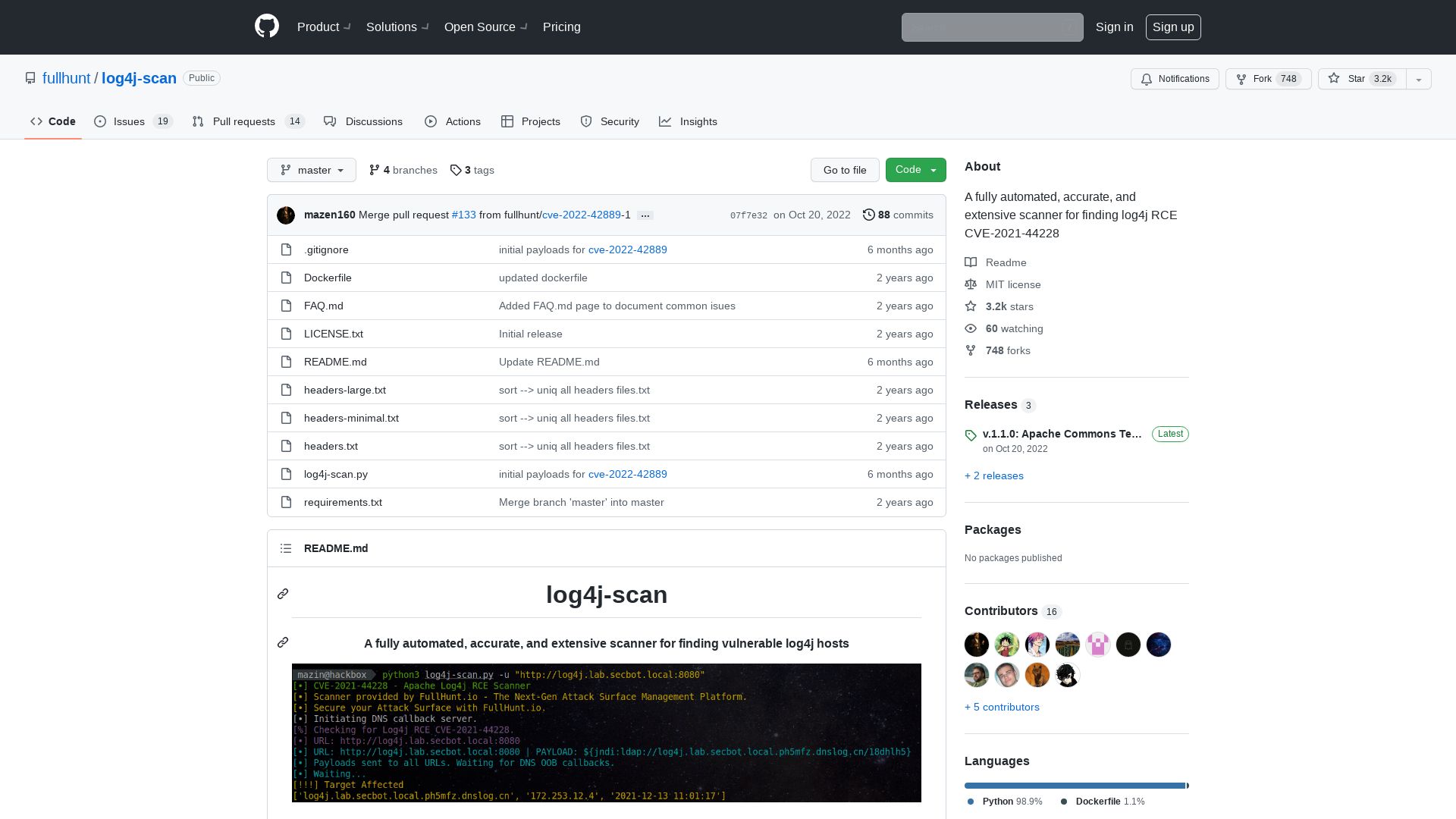 GitHub - fullhunt/log4j-scan: A fully automated, accurate, and extensive scanner for finding log4j RCE CVE-2021-44228