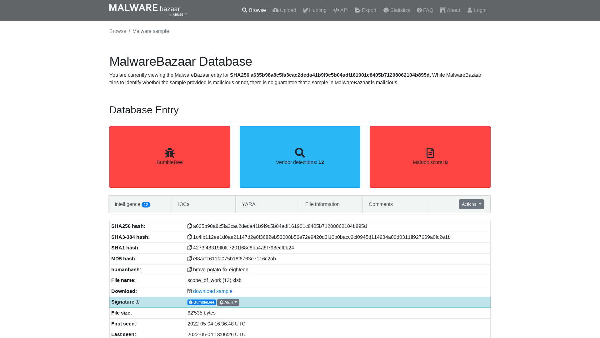 MalwareBazaar | SHA256 a635b98a8c5fa3cac2deda41b9f9c5b04adf161901c8405b71208062104b895d (BumbleBee)