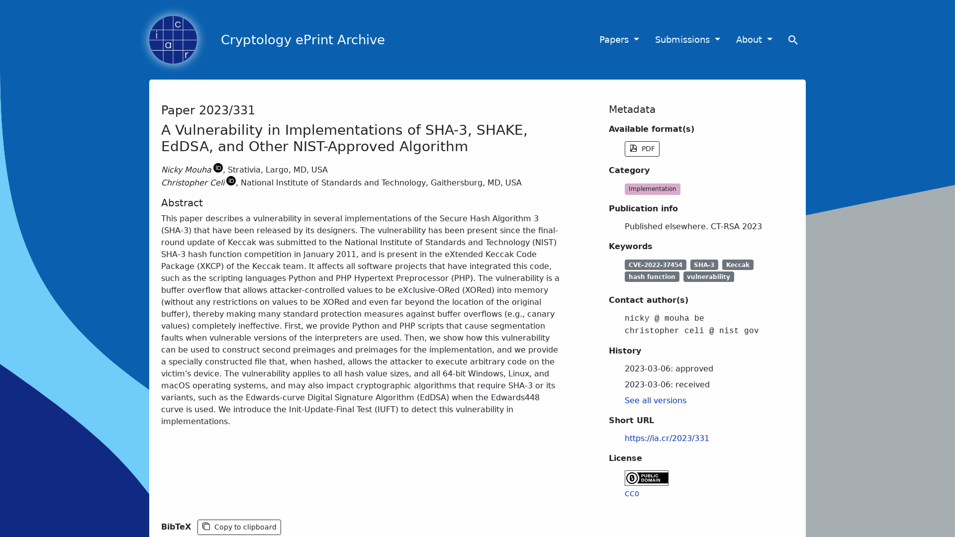 A Vulnerability in Implementations of SHA-3, SHAKE, EdDSA, and Other NIST-Approved Algorithm