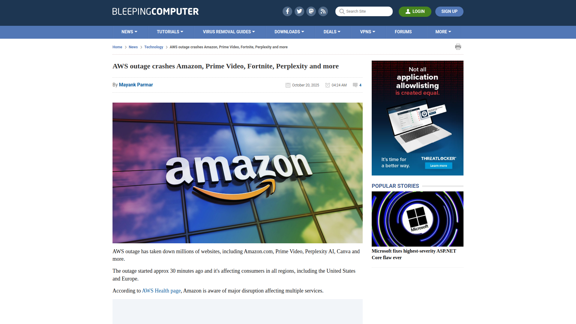 AWS outage crashes Amazon, Prime Video, Fortnite, Perplexity and more