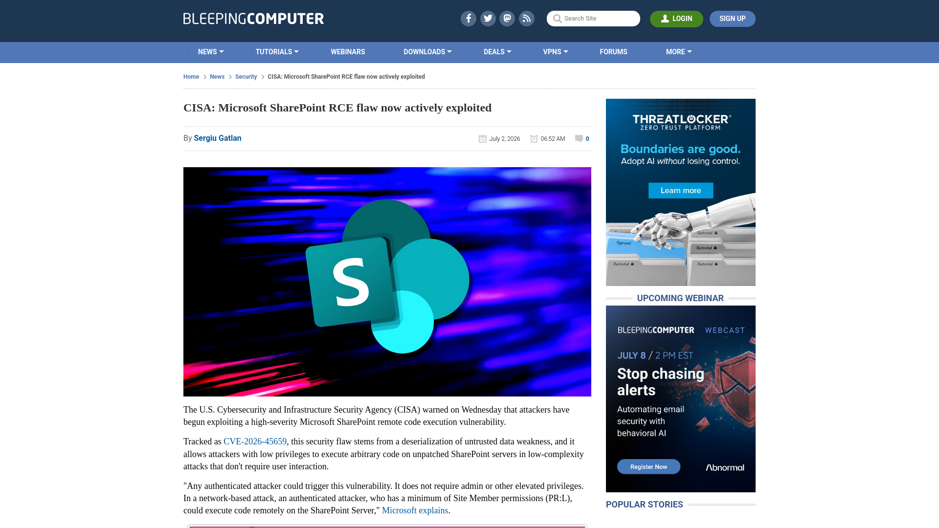 CISA: Microsoft SharePoint RCE flaw now actively exploited