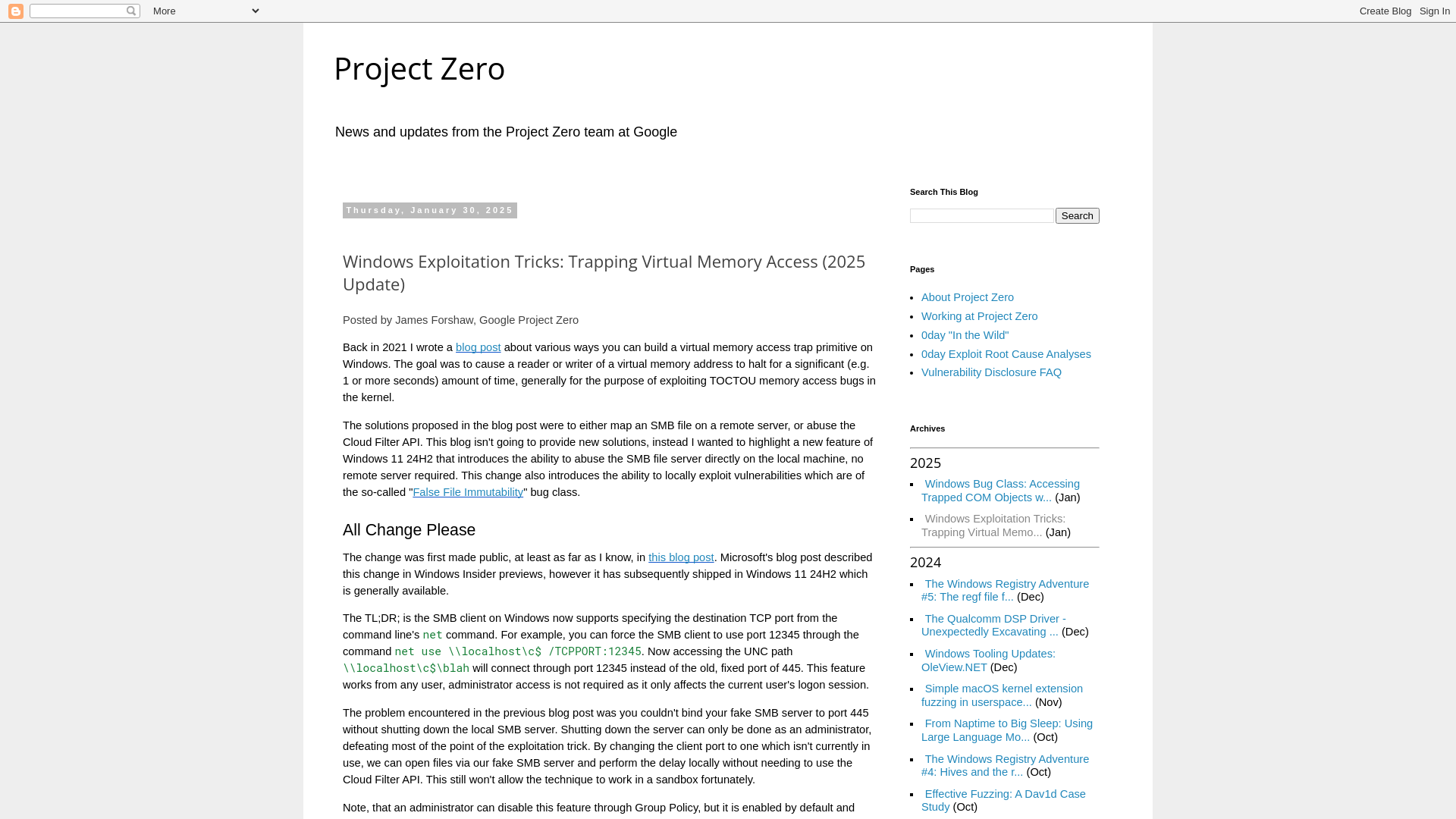 Project Zero: Windows Exploitation Tricks: Trapping Virtual Memory Access (2025 Update)