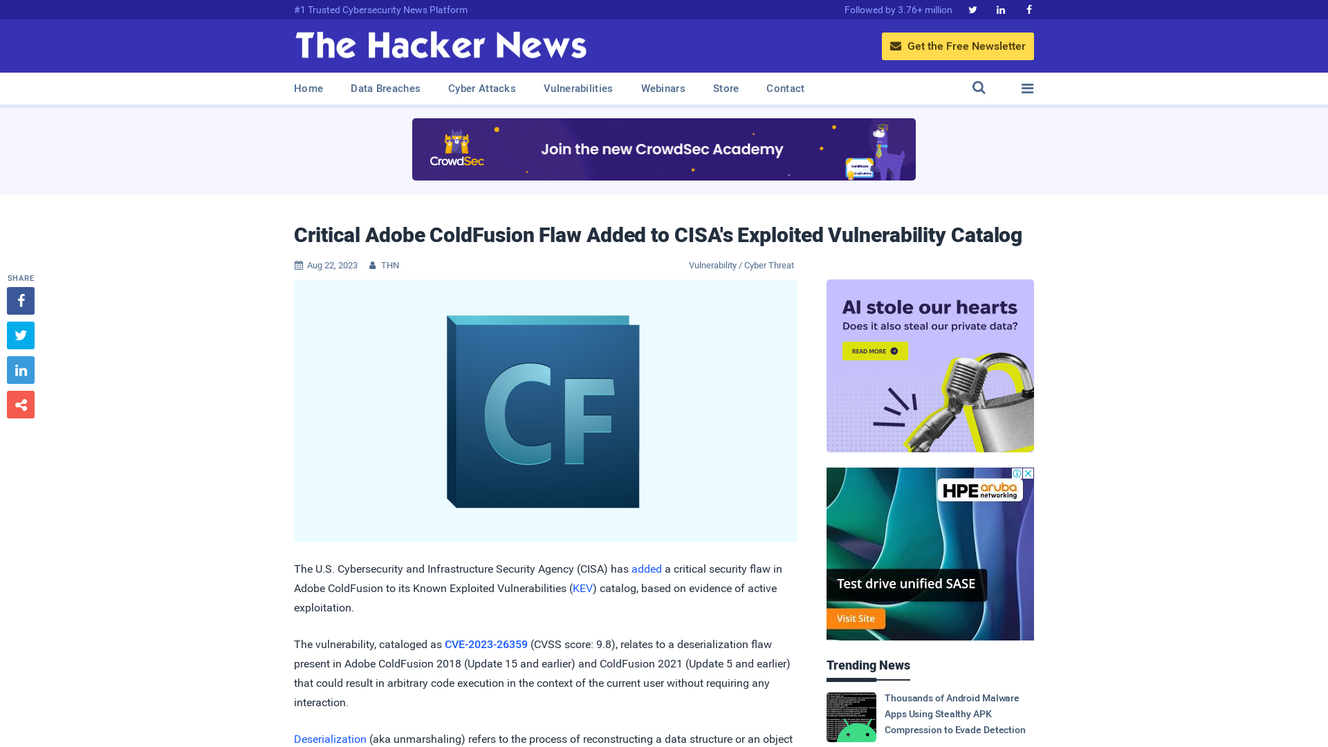 Critical Adobe ColdFusion Flaw Added to CISA's Exploited Vulnerability Catalog