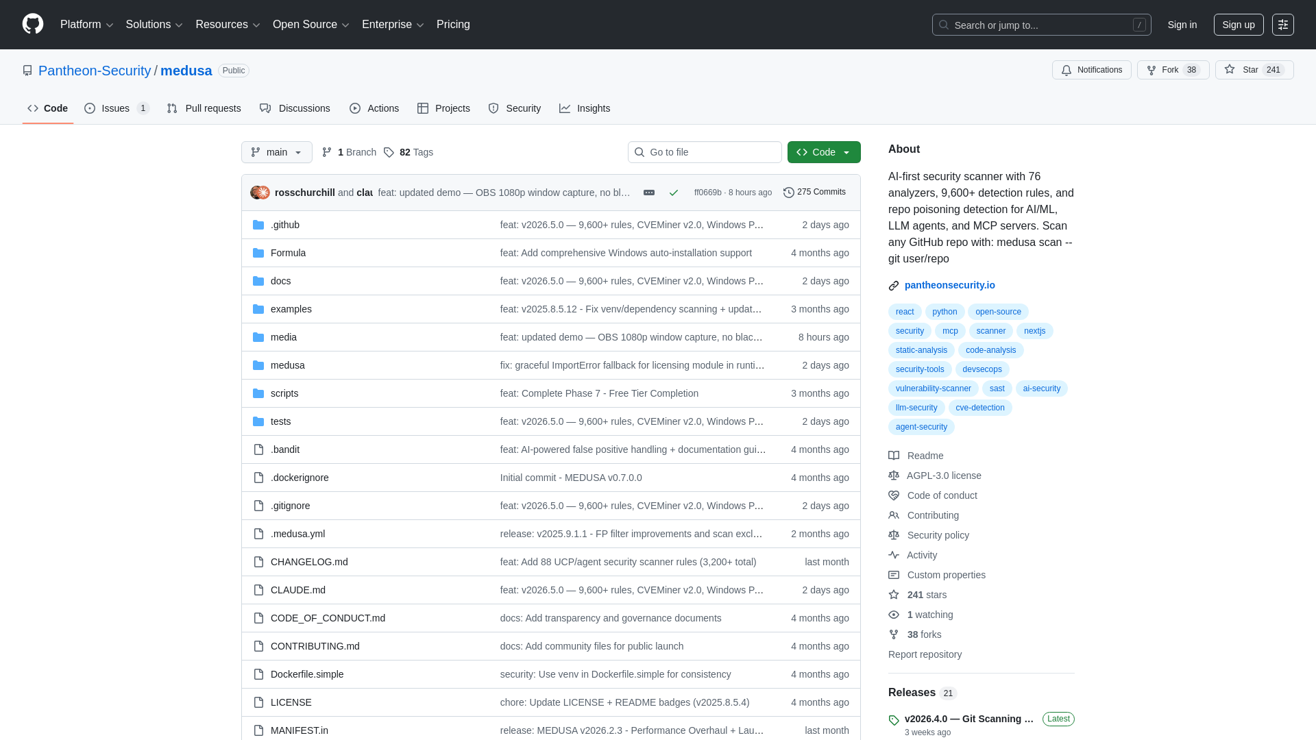 GitHub - Pantheon-Security/medusa: AI-first security scanner with 76 analyzers, 9,600+ detection rules, and repo poisoning detection for AI/ML, LLM agents, and MCP servers. Scan any GitHub repo with: medusa scan --git user/repo · GitHub