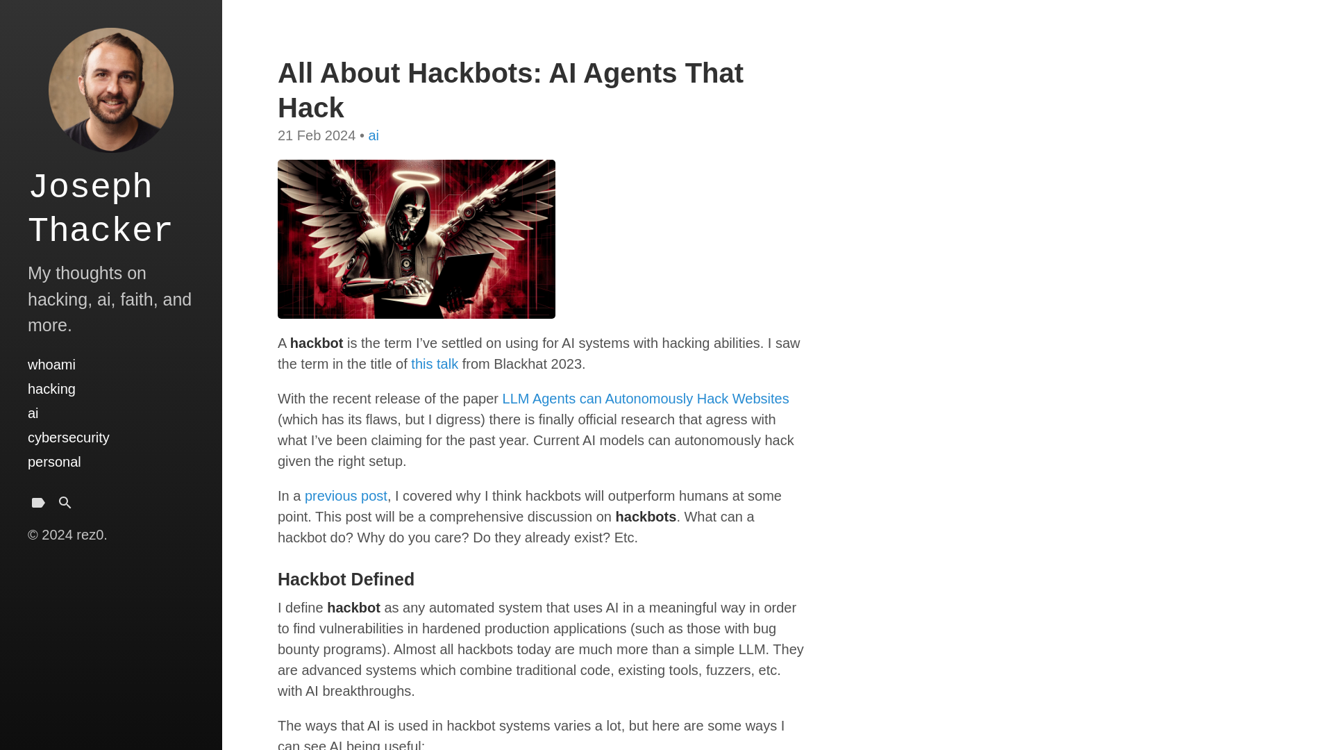 All About Hackbots: AI Agents That Hack · Joseph Thacker