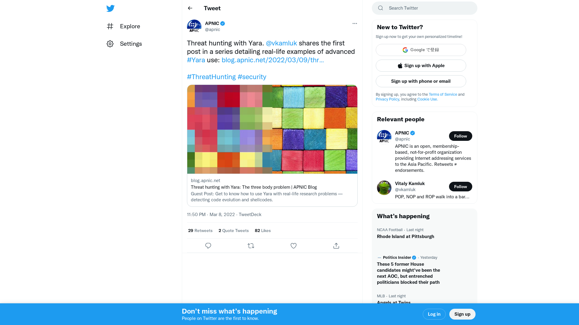 APNIC on Twitter: "Threat hunting with Yara. @vkamluk shares the first post in a series detailing real-life examples of advanced #Yara use: https://t.co/1TtGEWHWik #ThreatHunting #security" / Twitter
