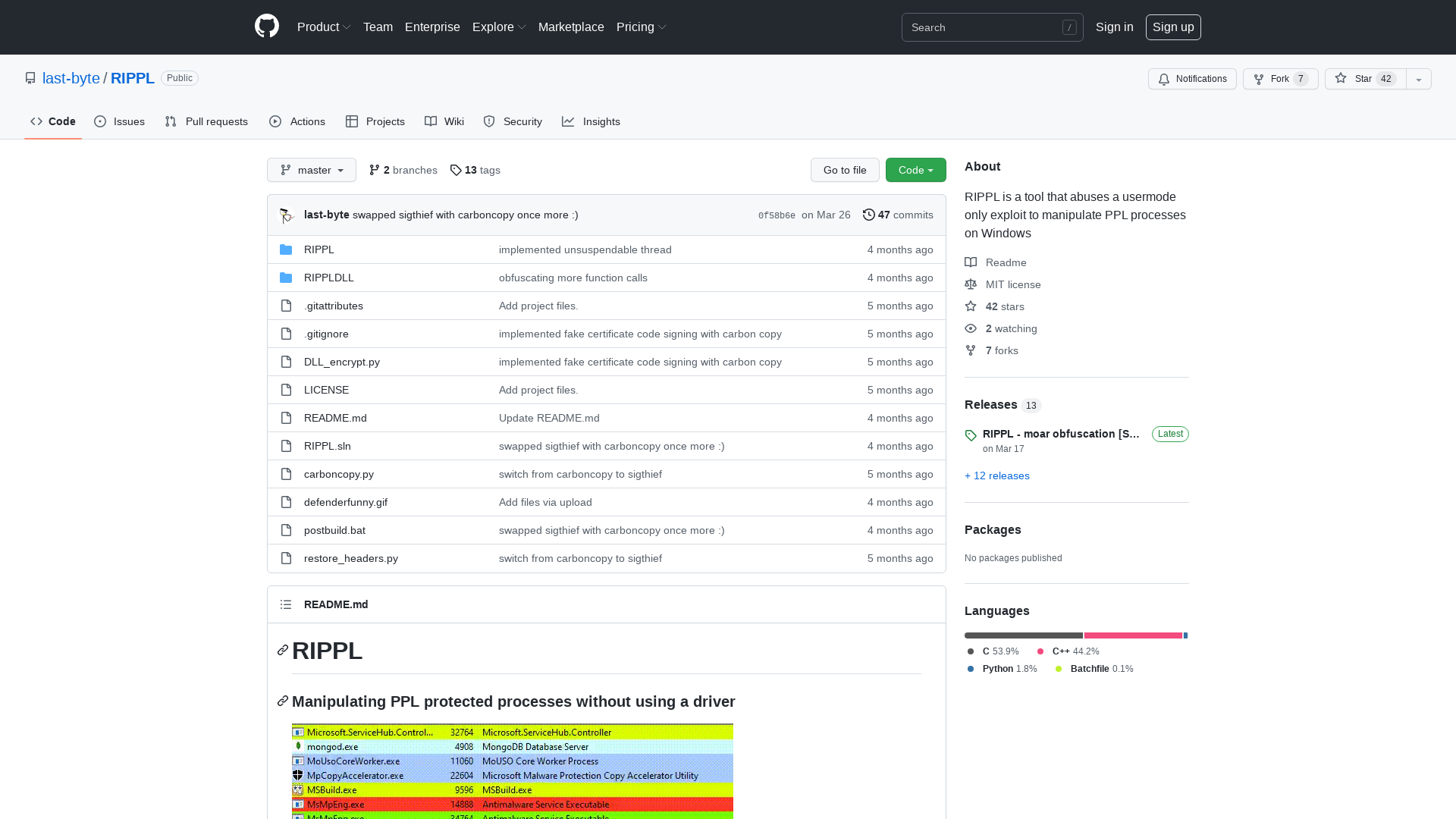 GitHub - last-byte/RIPPL: RIPPL is a tool that abuses a usermode only exploit to manipulate PPL processes on Windows