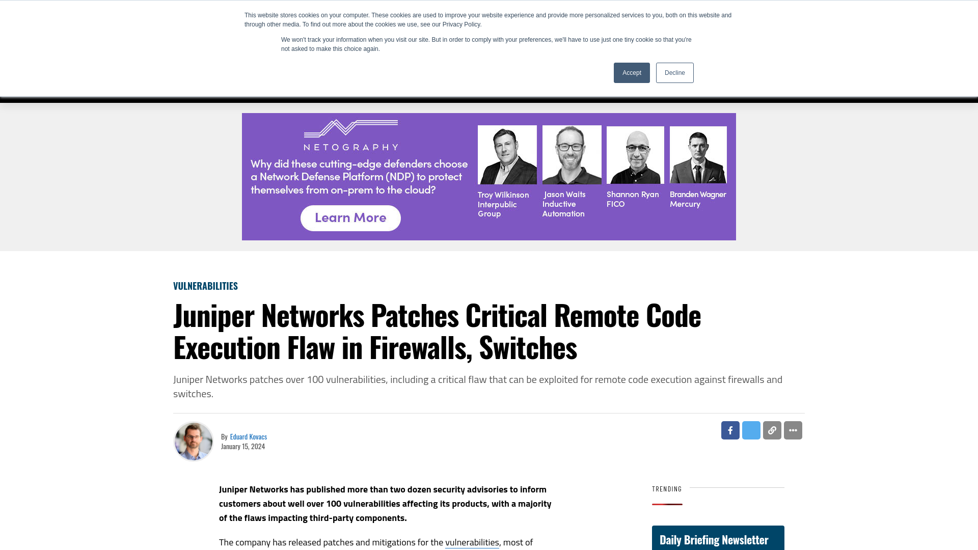 Juniper Networks Patches Critical Remote Code Execution Flaw in Firewalls, Switches - SecurityWeek