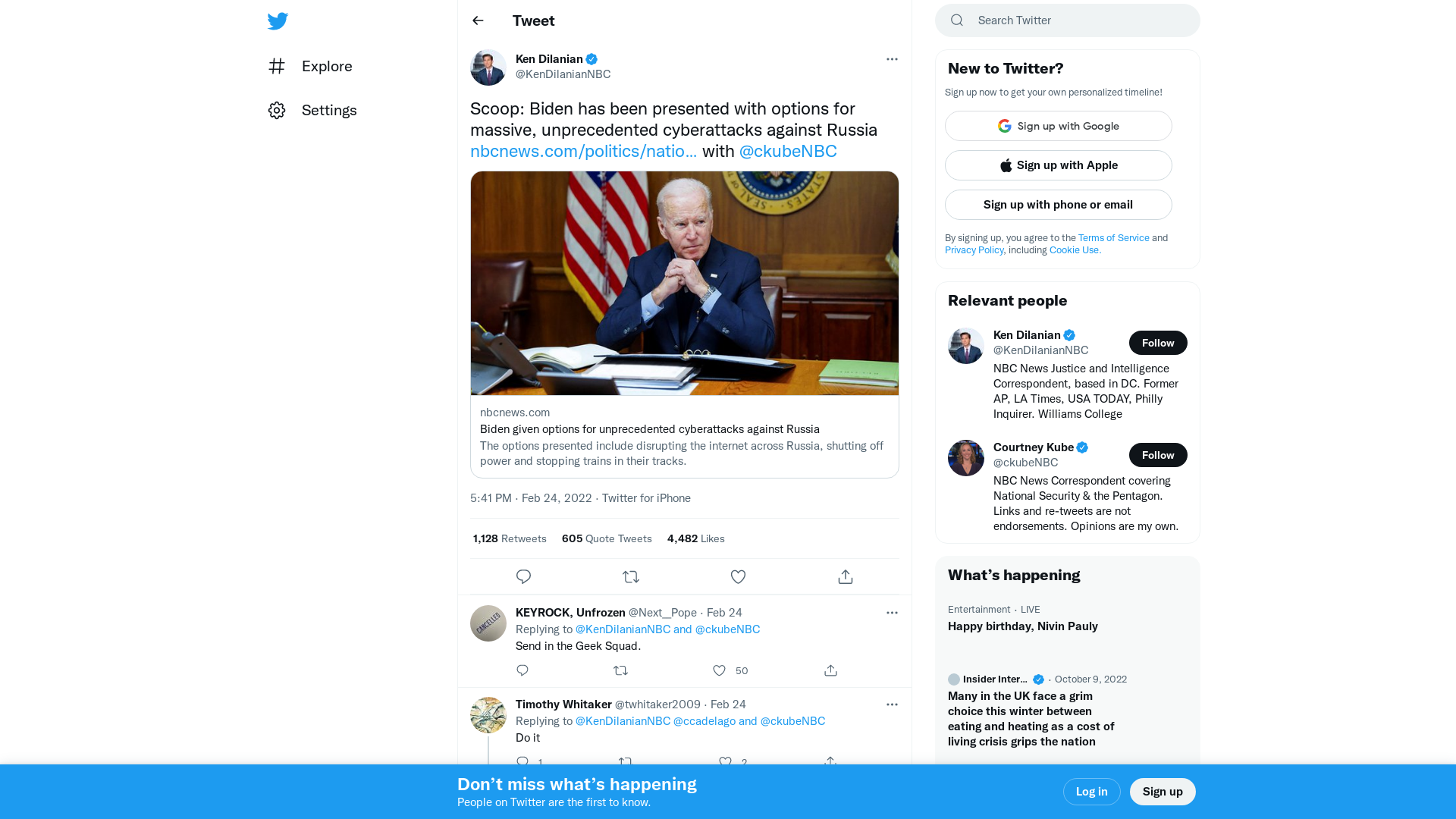 Ken Dilanian on Twitter: "Scoop: Biden has been presented with options for massive, unprecedented cyberattacks against Russia https://t.co/nxj5NCjpD3 with @ckubeNBC" / Twitter