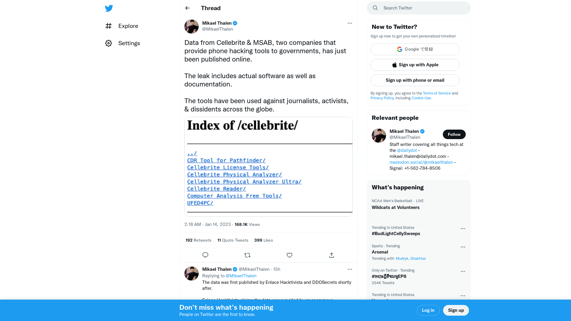 Mikael Thalen on Twitter: "Data from Cellebrite &amp; MSAB, two companies that provide phone hacking tools to governments, has just been published online. The leak includes actual software as well as documentation. The tools have been used against journalists, activists, &amp; dissidents across the globe. https://t.co/DJgES7VgSb" / Twitter