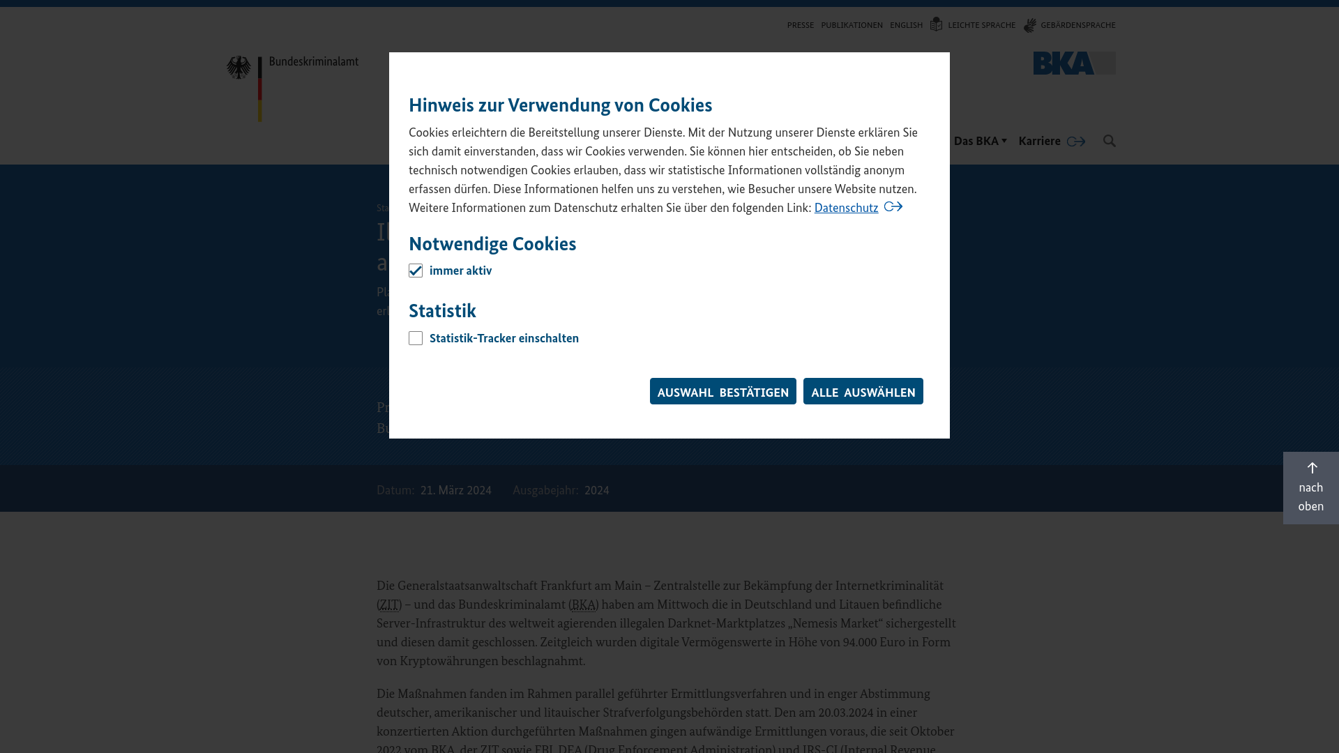 BKA - Listenseite für Pressemitteilungen 2024 - Illegaler Darknet-Marktplatz „Nemesis Market“ abgeschaltet