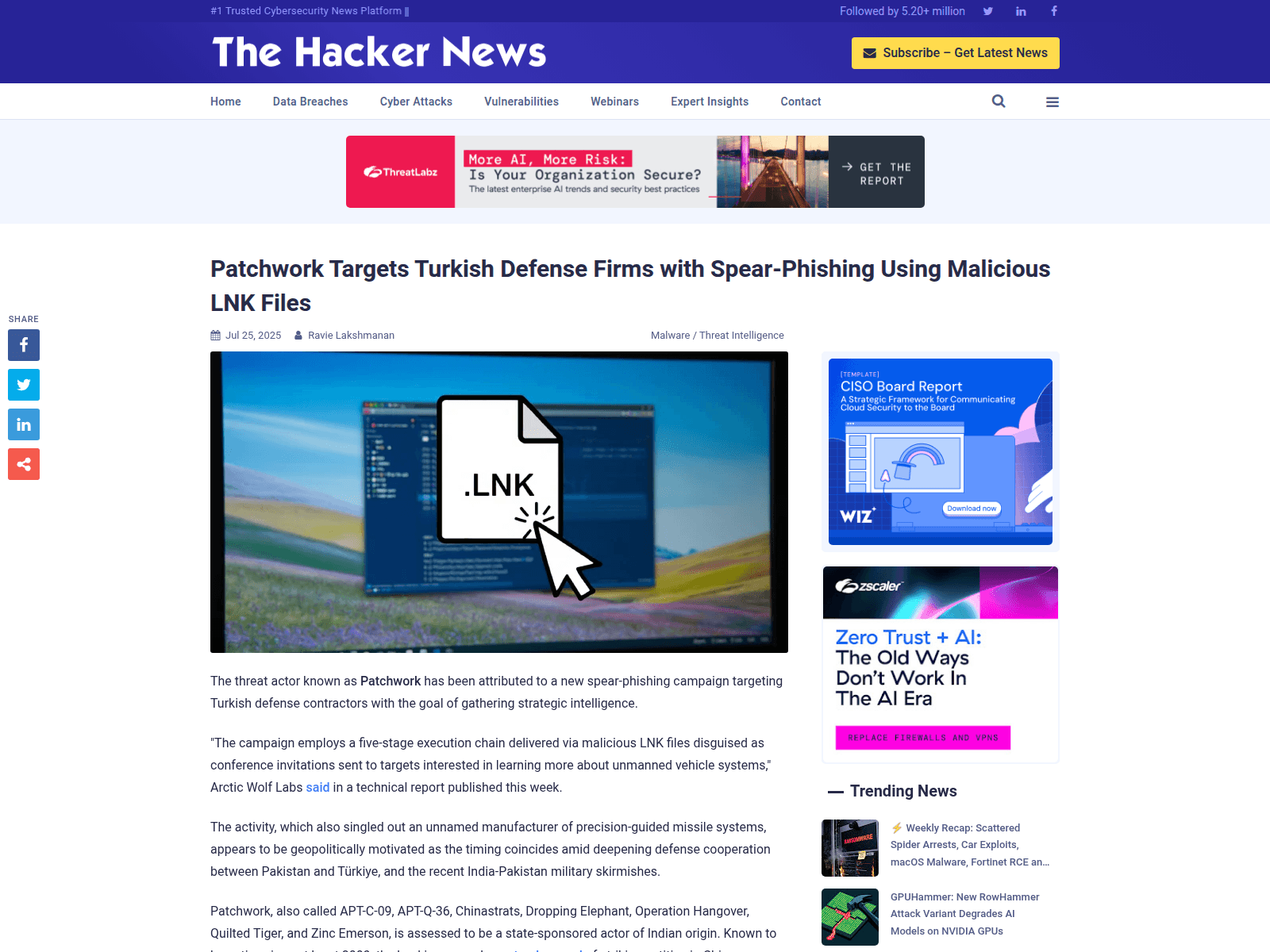 Patchwork Targets Turkish Defense Firms with Spear-Phishing Using Malicious LNK Files