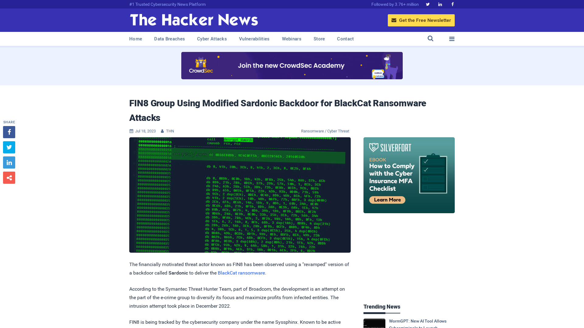 FIN8 Group Using Modified Sardonic Backdoor for BlackCat Ransomware Attacks