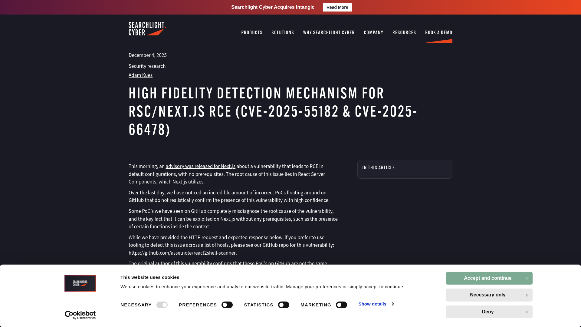 High Fidelity Detection Mechanism for RSC/Next.js RCE (CVE-2025-55182 & CVE-2025-66478) › Searchlight Cyber