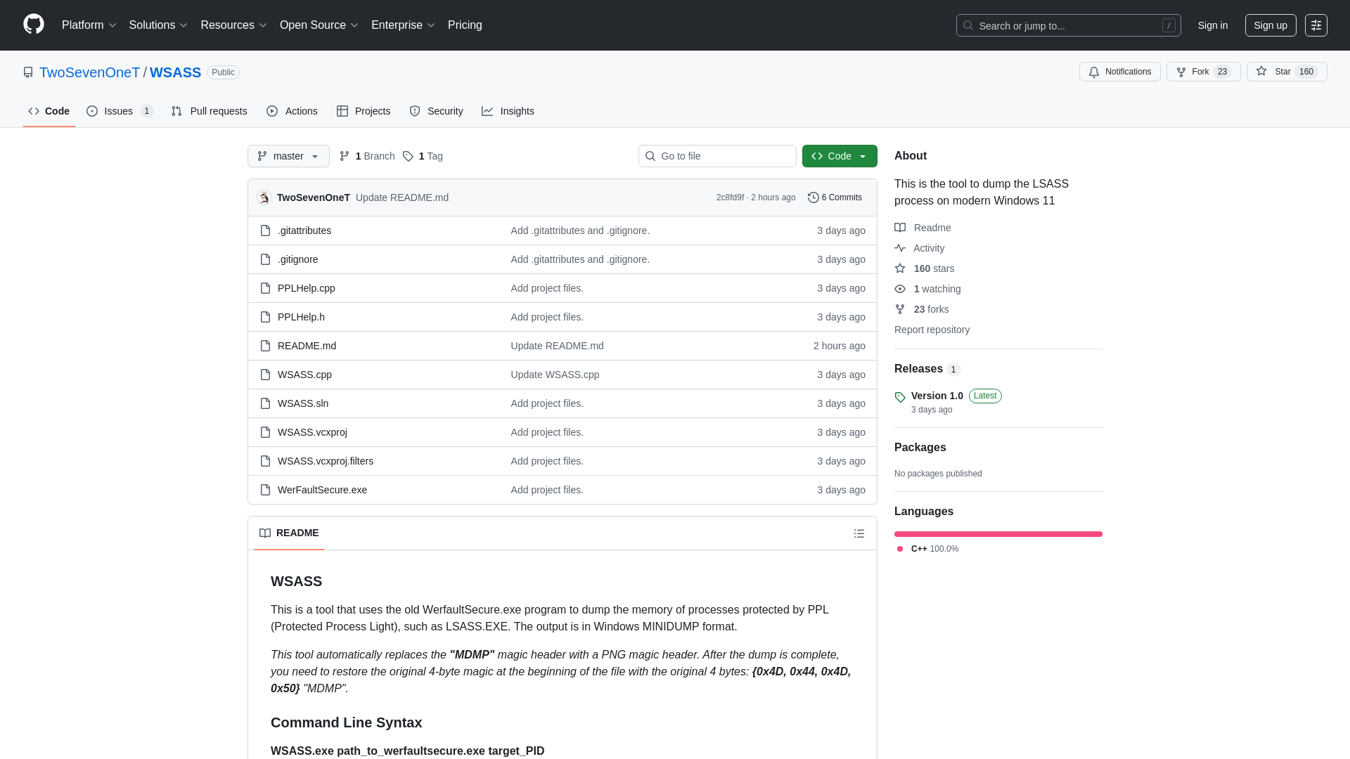 GitHub - TwoSevenOneT/WSASS: This is the tool to dump the LSASS process on modern Windows 11