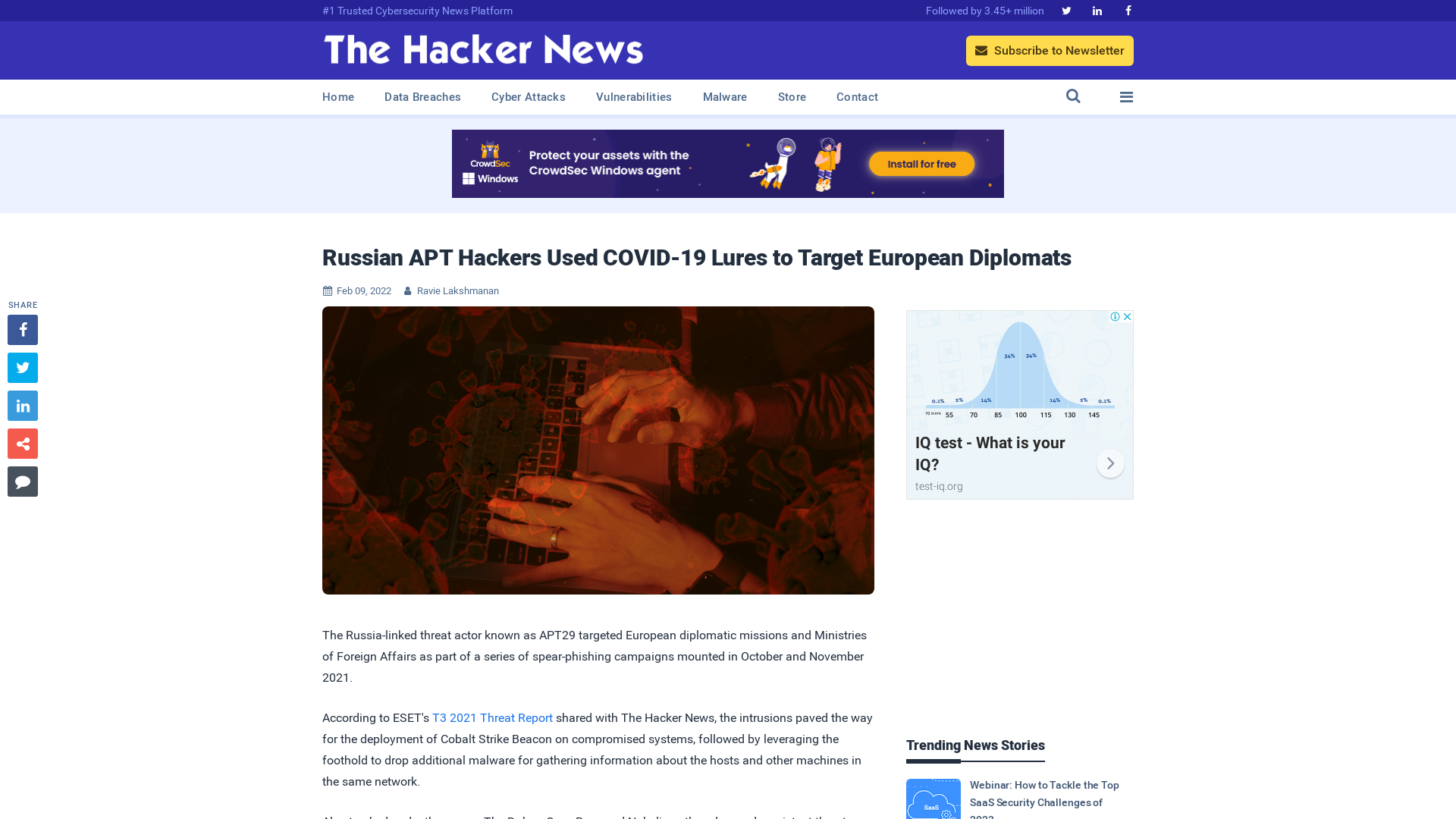 Russian APT Hackers Used COVID-19 Lures to Target European Diplomats