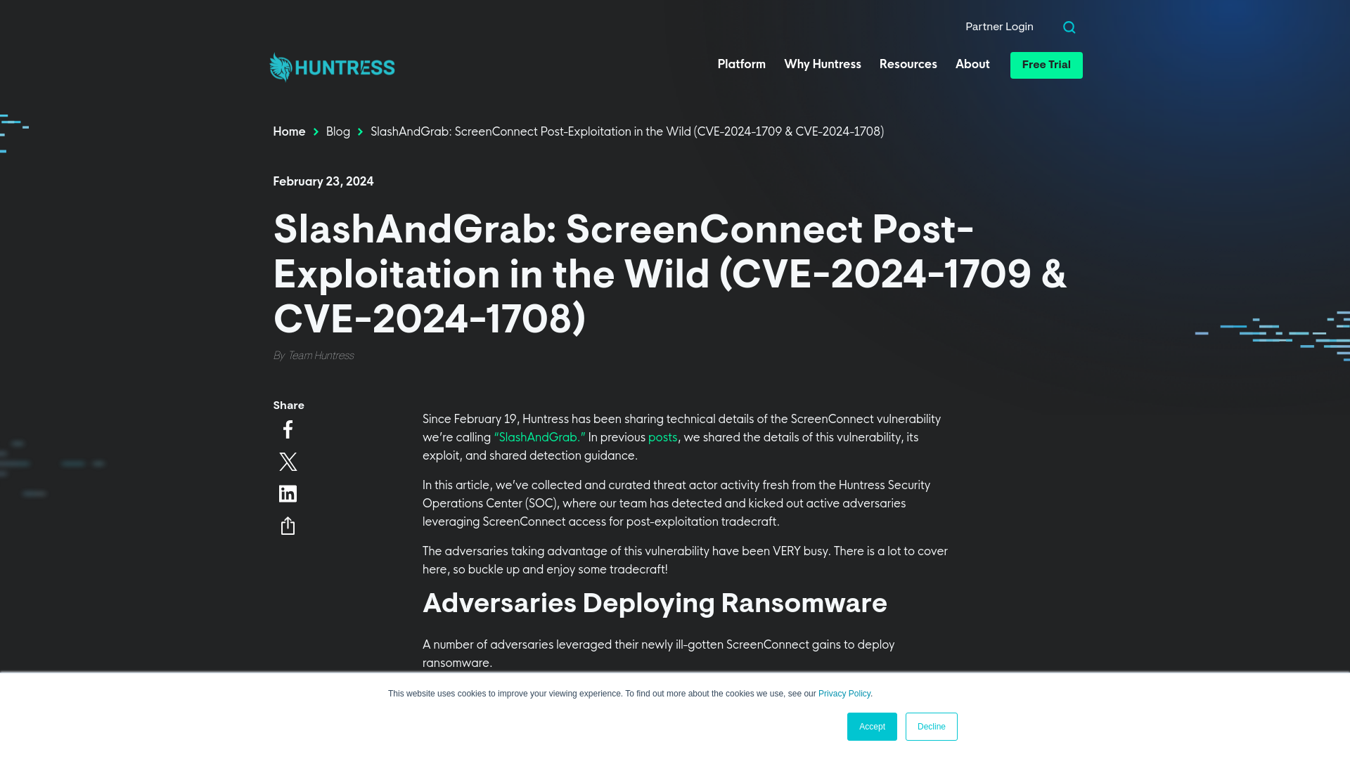 SlashAndGrab: ScreenConnect Post-Exploitation in the Wild (CVE-2024-1709 & CVE-2024-1708)