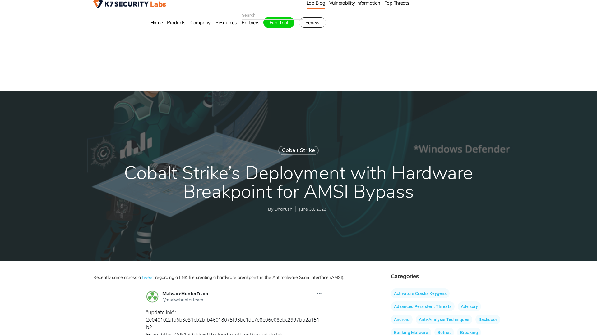 Cobalt Strike's Deployment with Hardware Breakpoint for AMSI Bypass - K7 Labs
