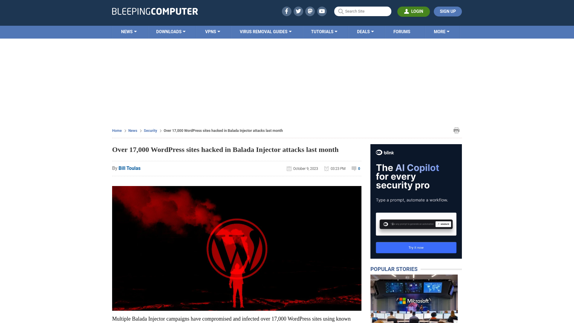 Over 17,000 WordPress sites hacked in Balada Injector attacks last month