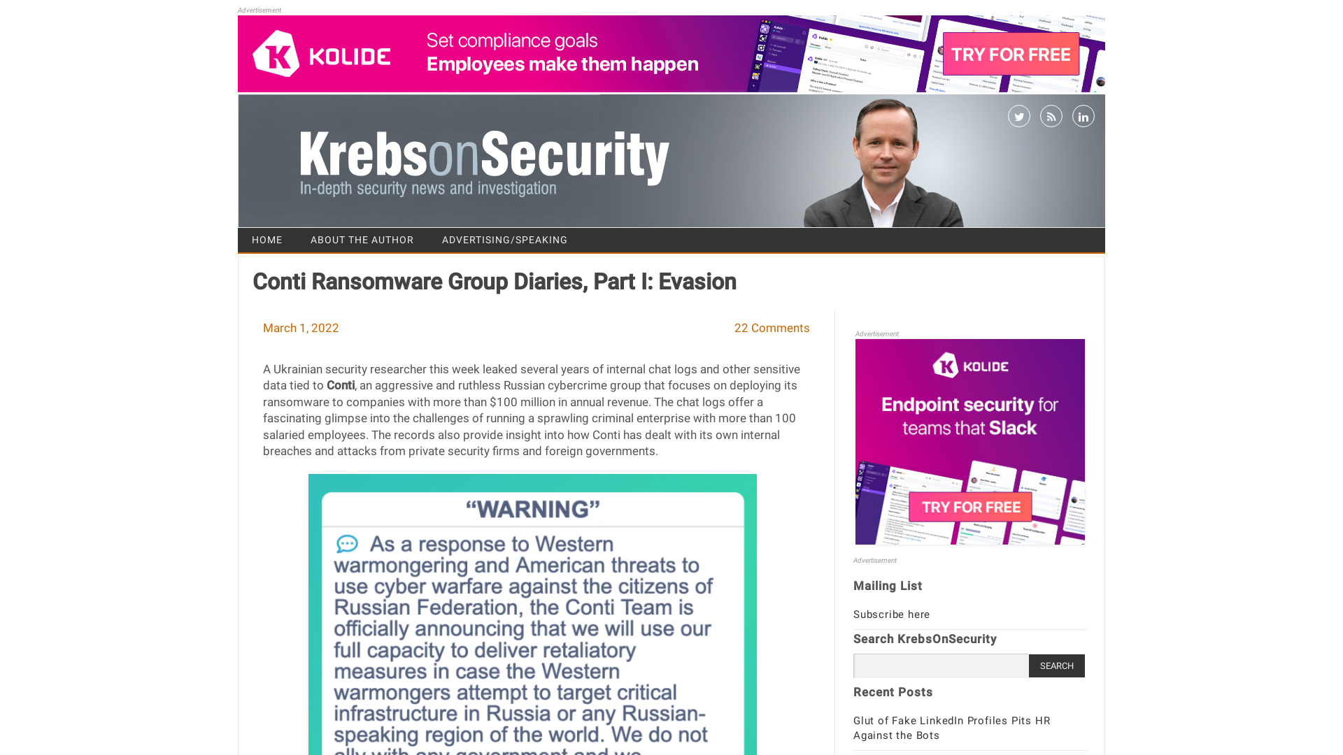 Conti Ransomware Group Diaries, Part I: Evasion – Krebs on Security