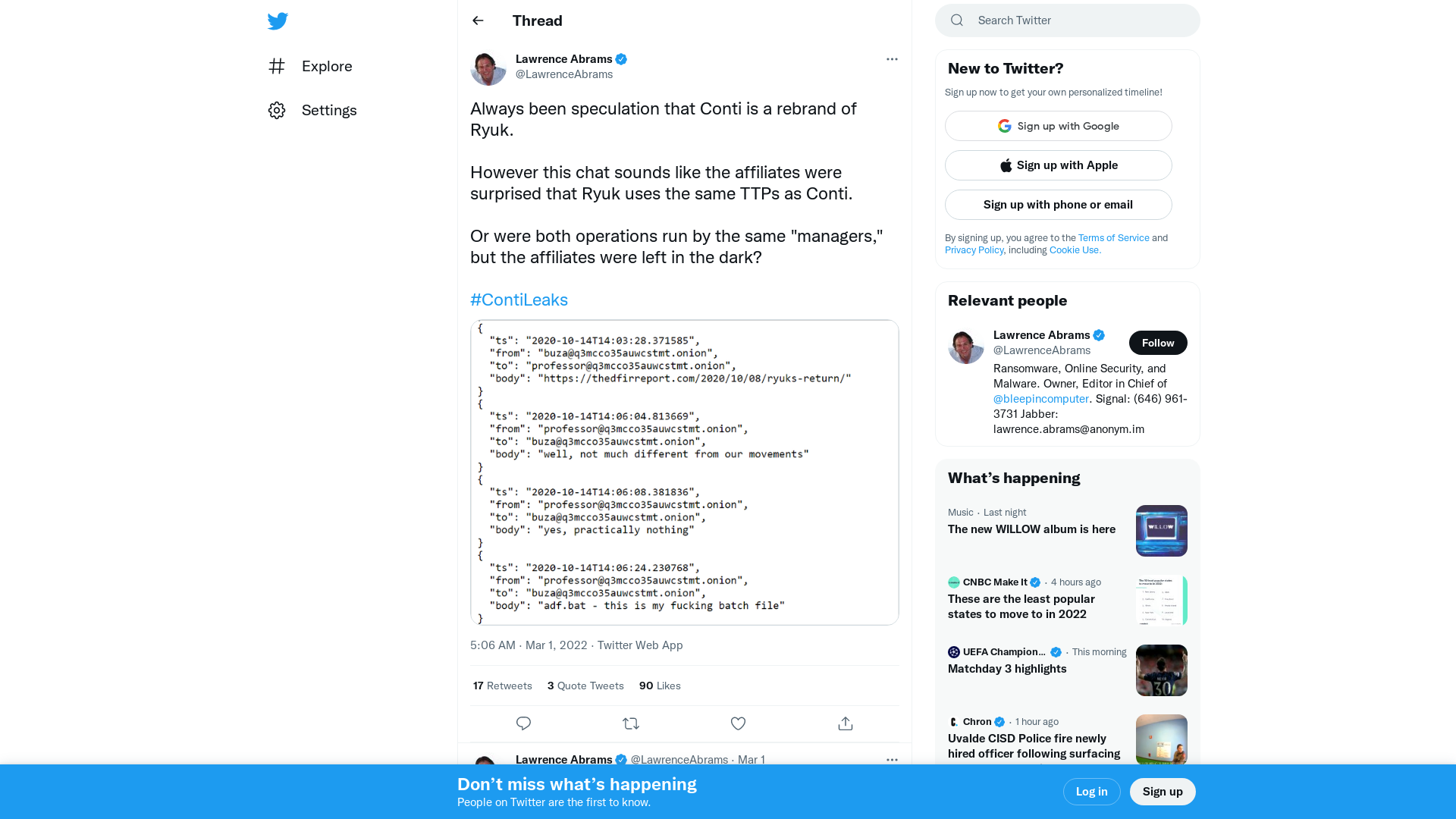 Lawrence Abrams on Twitter: "Always been speculation that Conti is a rebrand of Ryuk. However this chat sounds like the affiliates were surprised that Ryuk uses the same TTPs as Conti. Or were both operations run by the same "managers," but the affiliates were left in the dark? #ContiLeaks https://t.co/GgLzbuPAsZ" / Twitter