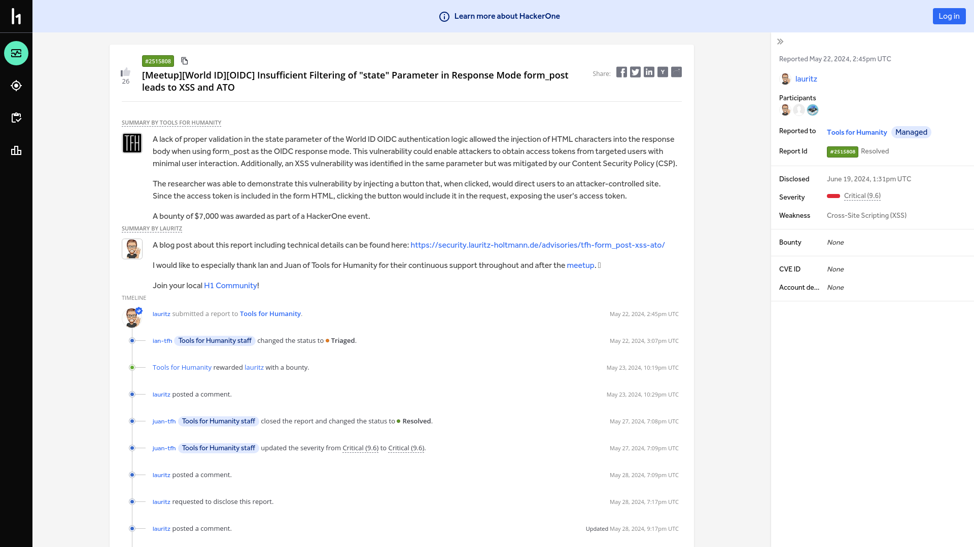 Tools for Humanity | Report #2515808 - [Meetup][World ID][OIDC] Insufficient Filtering of "state" Parameter in Response Mode form_post leads to XSS and ATO | HackerOne