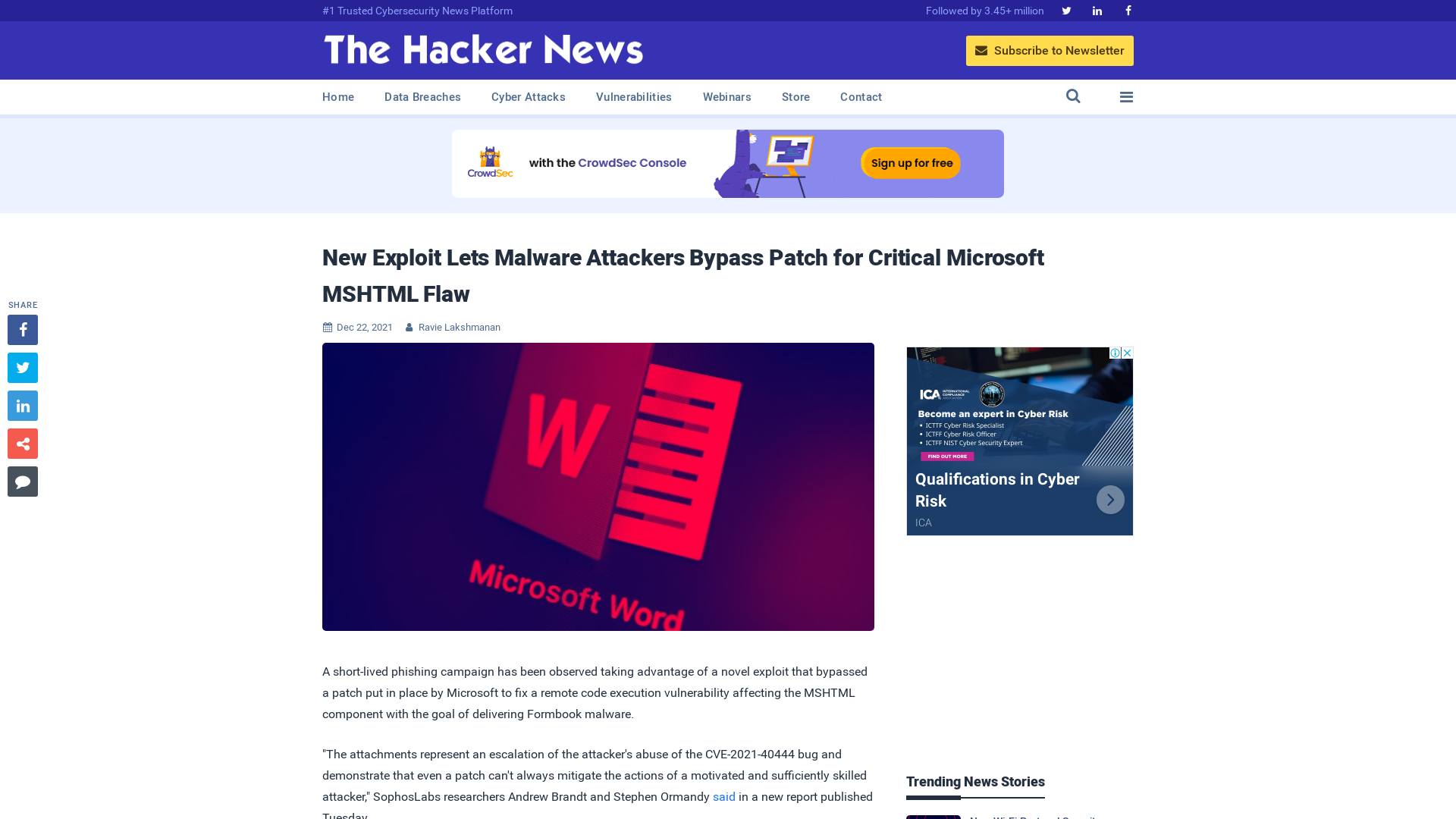 New Exploit Lets Malware Attackers Bypass Patch for Critical Microsoft MSHTML Flaw