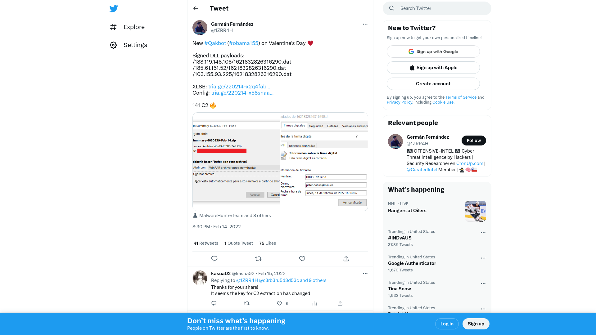 Germán Fernández on Twitter: "New #Qakbot (#obama155) on Valentine's Day ♥️ Signed DLL payloads: /188.119.148.108/1621832826316290.dat /185.61.151.52/1621832826316290.dat /103.155.93.225/1621832826316290.dat XLSB: https://t.co/ecP5eauWAH Config: https://t.co/5PFFkxsdaR 141 C2 🔥 https://t.co/hwdj7katM9" / Twitter