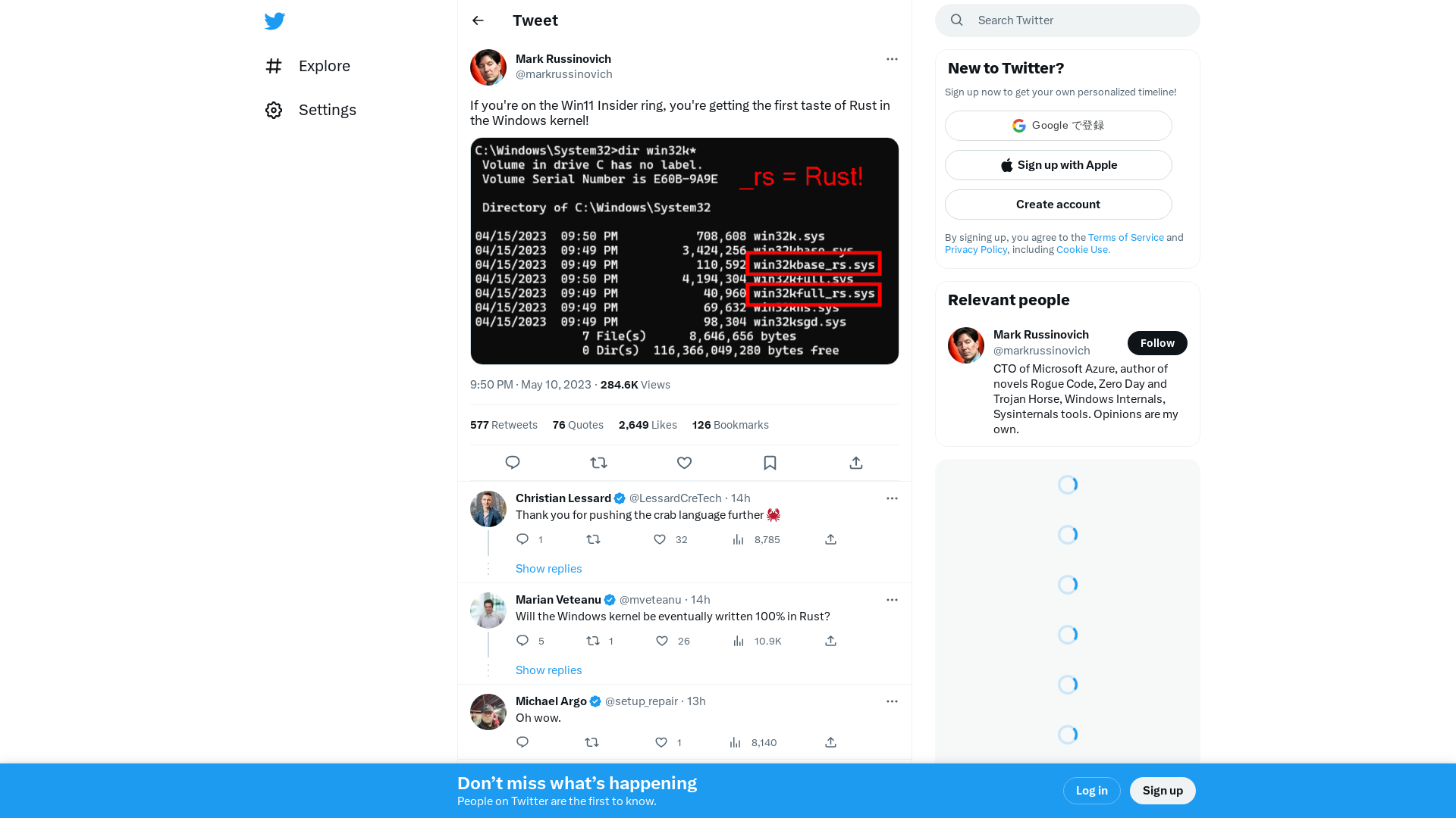 Mark Russinovich on Twitter: "If you're on the Win11 Insider ring, you're getting the first taste of Rust in the Windows kernel! https://t.co/uyZkK2vRLY" / Twitter