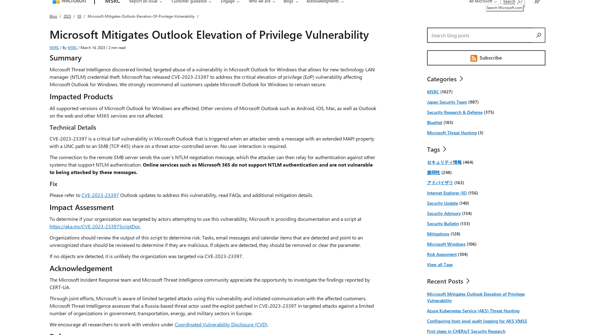 Microsoft Mitigates Outlook Elevation of Privilege Vulnerability | MSRC Blog | Microsoft Security Response Center