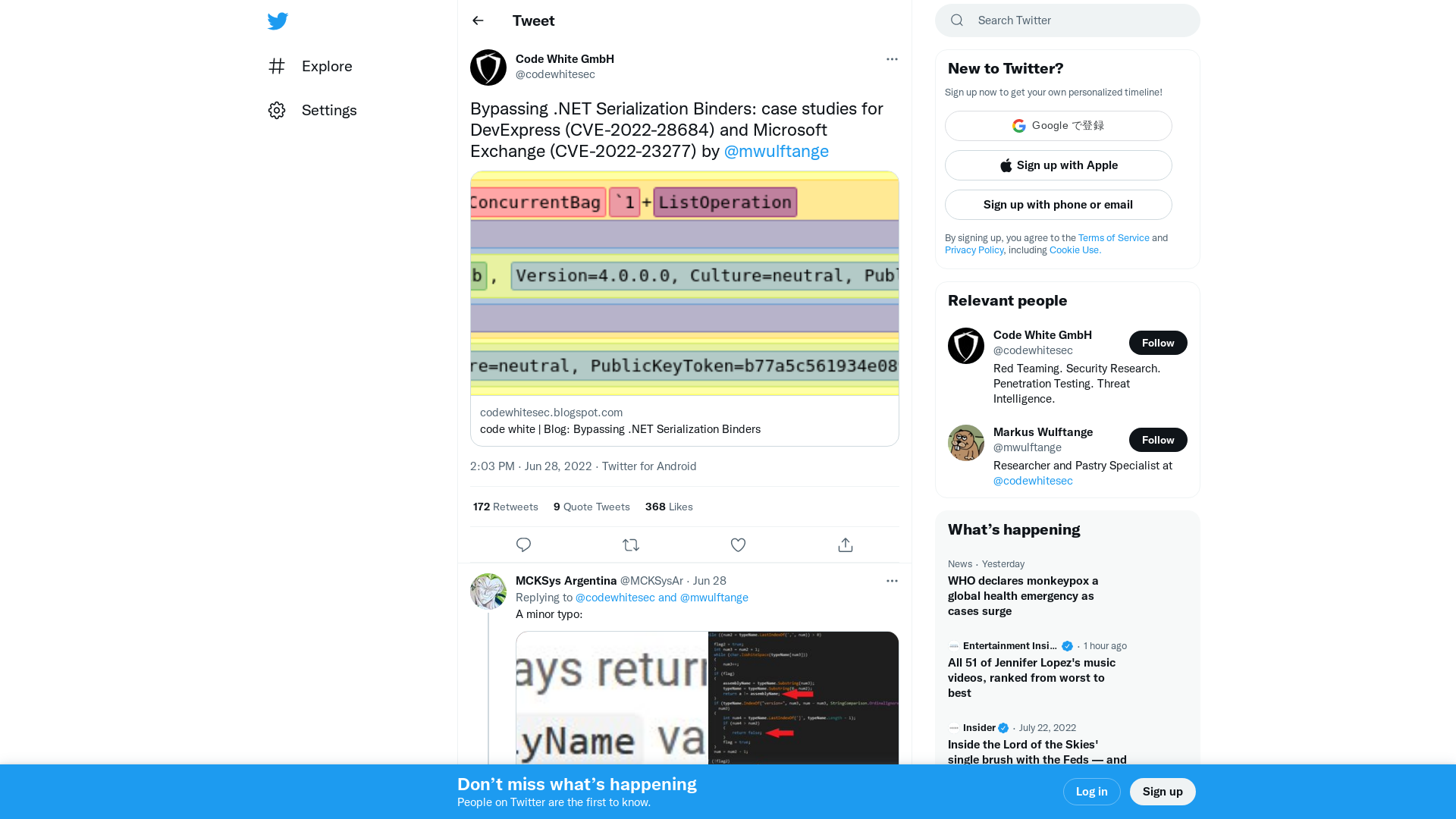 Code White GmbH on Twitter: "Bypassing .NET Serialization Binders: case studies for DevExpress (CVE-2022-28684) and Microsoft Exchange (CVE-2022-23277) by @mwulftange https://t.co/G90Qg7gQ9m" / Twitter