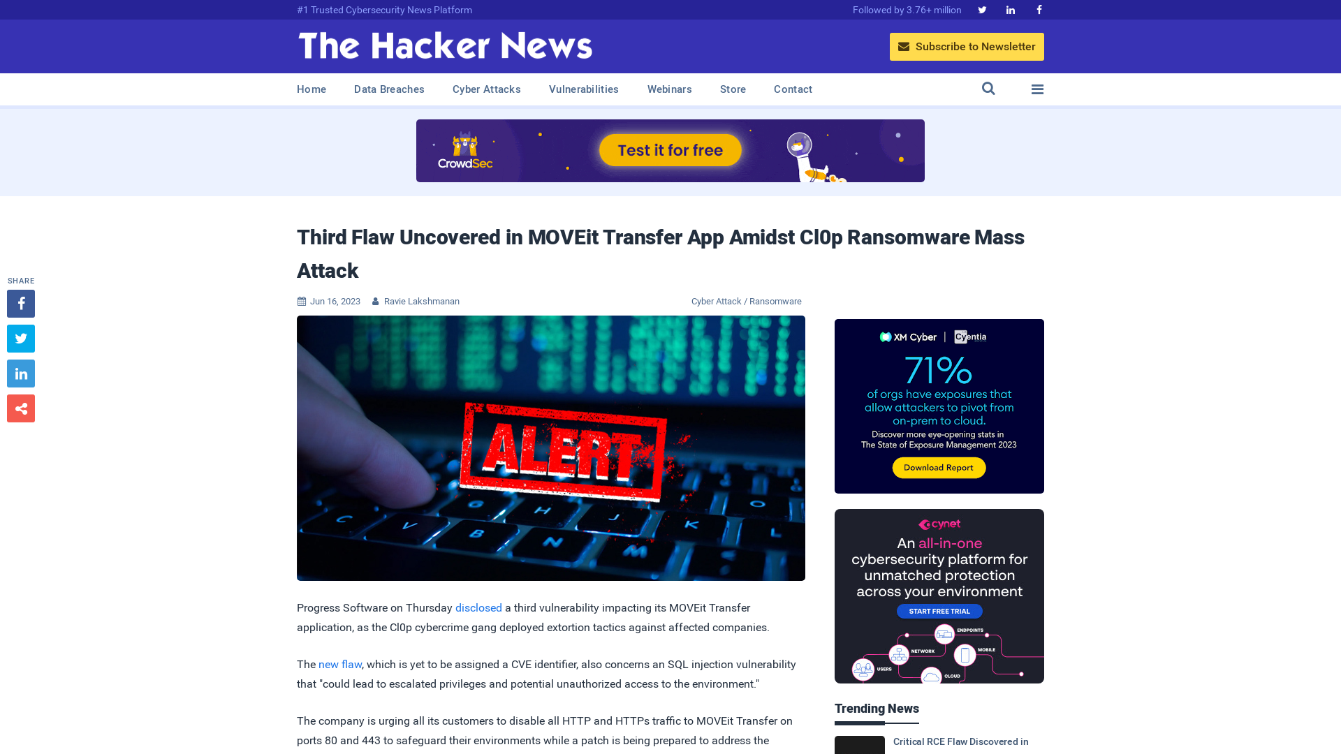 Third Flaw Uncovered in MOVEit Transfer App Amidst Cl0p Ransomware Mass Attack