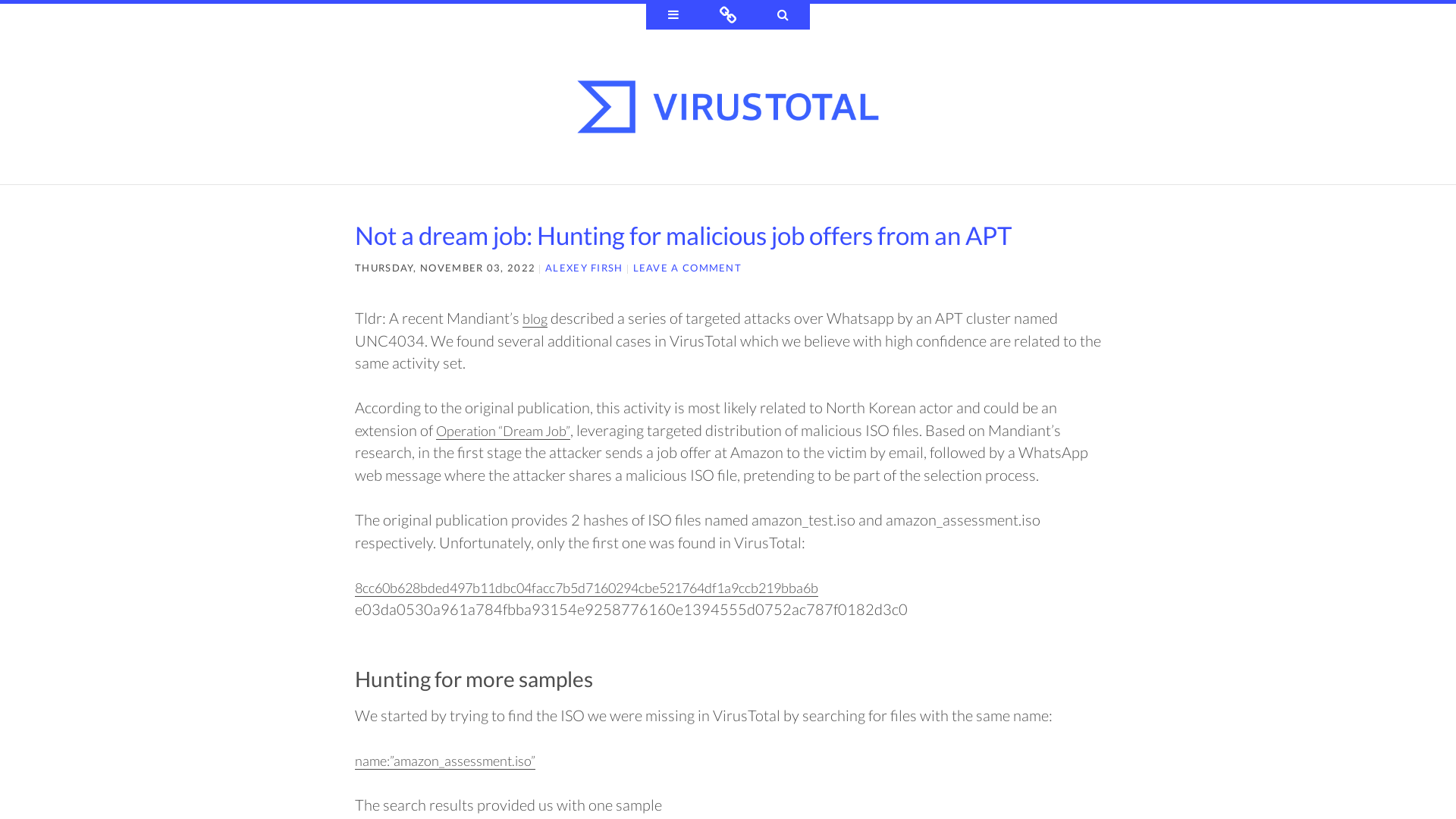 Not a dream job: Hunting for malicious job offers from an APT ~ VirusTotal Blog
