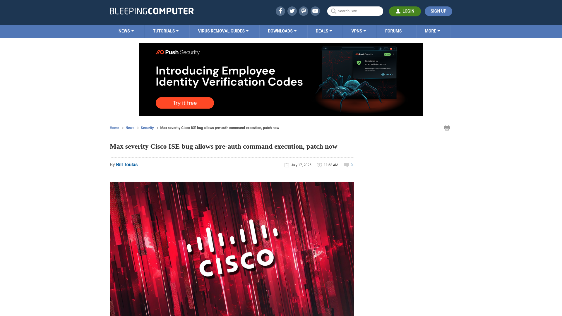 Max severity Cisco ISE bug allows pre-auth command execution, patch now