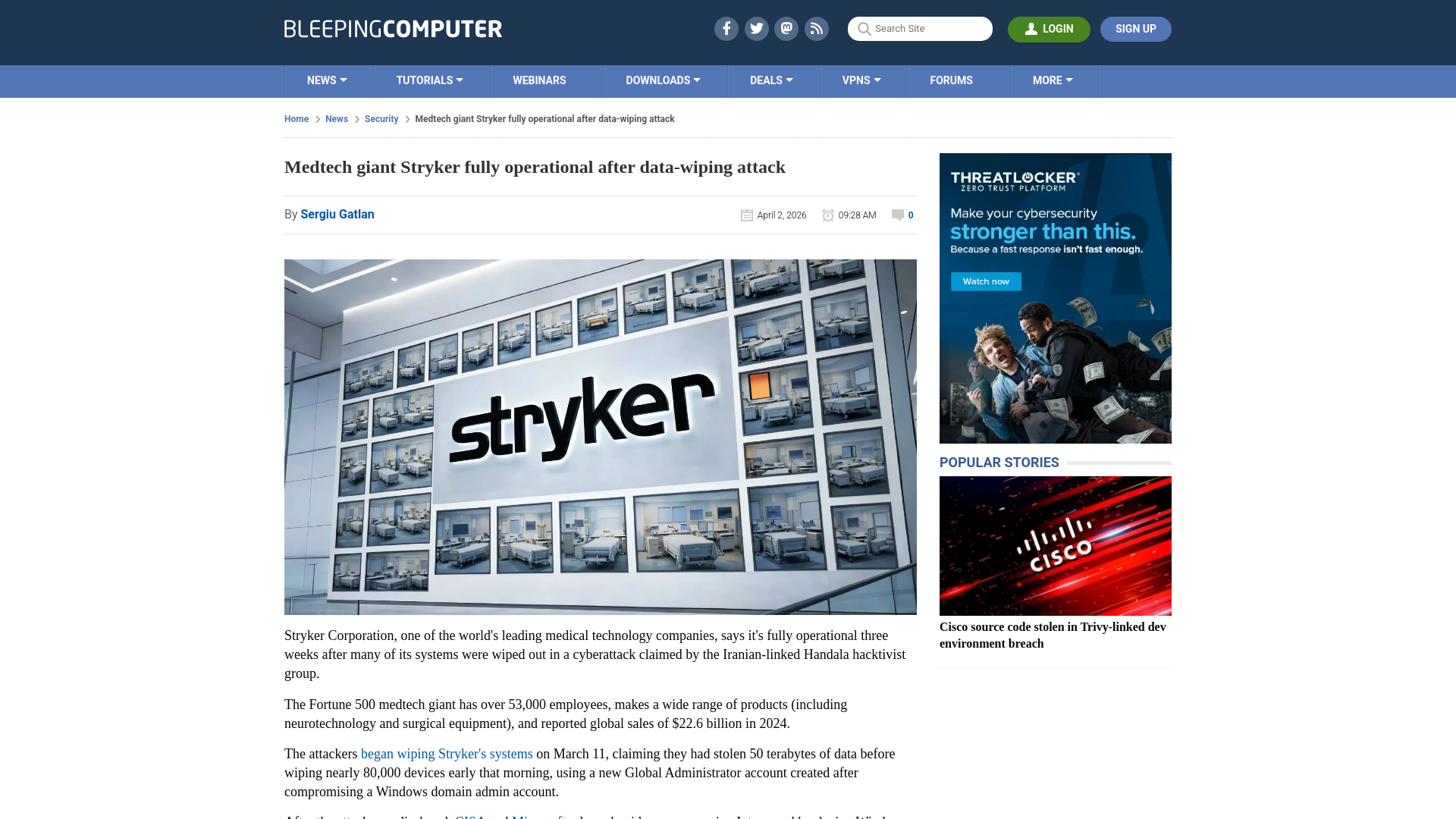 Medtech giant Stryker fully operational after data-wiping attack