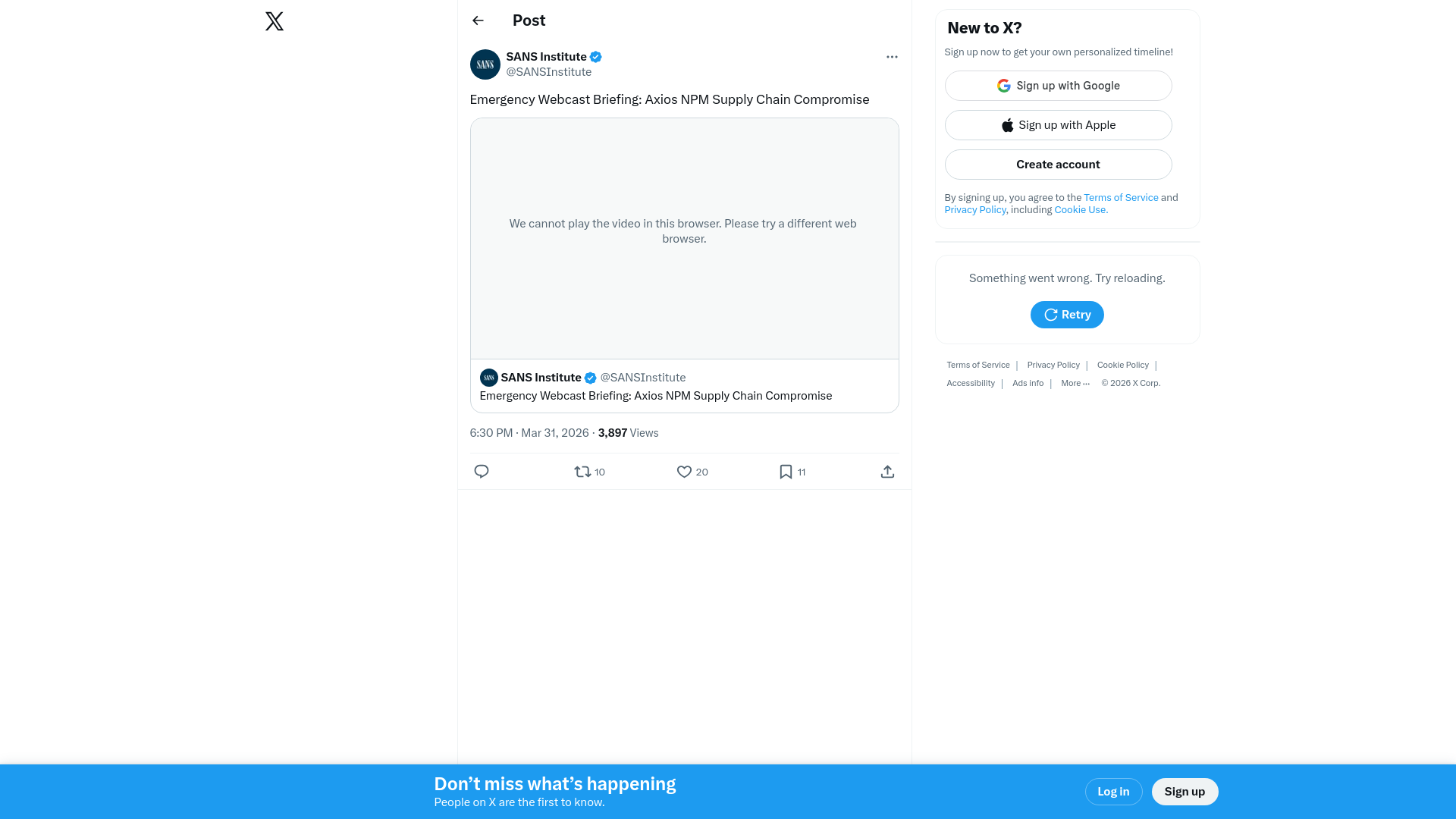SANS Institute on X: "Emergency Webcast Briefing: Axios NPM Supply Chain Compromise https://t.co/P4wUC78drx" / X
