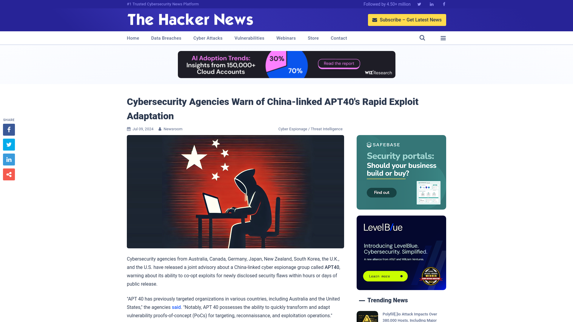 Cybersecurity Agencies Warn of China-linked APT40's Rapid Exploit Adaptation