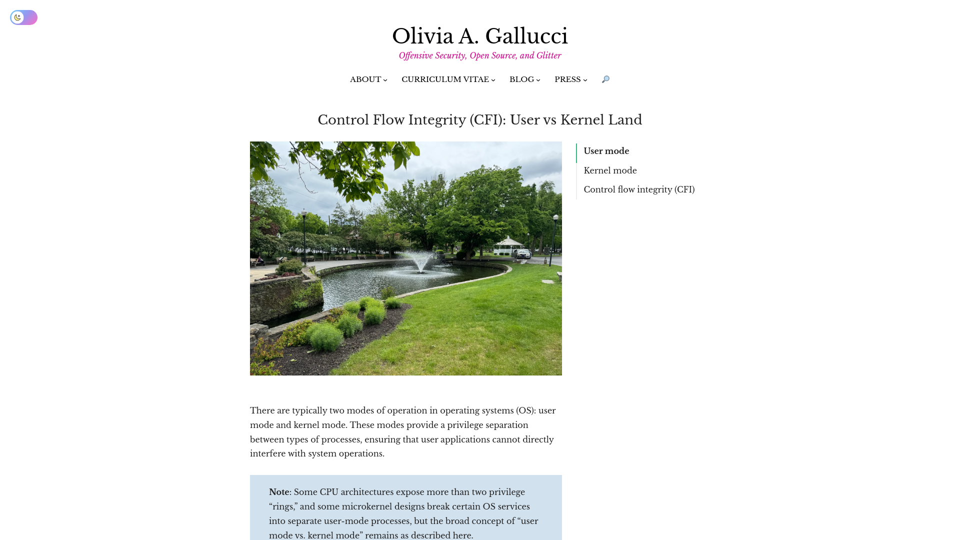 Control Flow Integrity (CFI): User vs Kernel Land - Olivia A. Gallucci