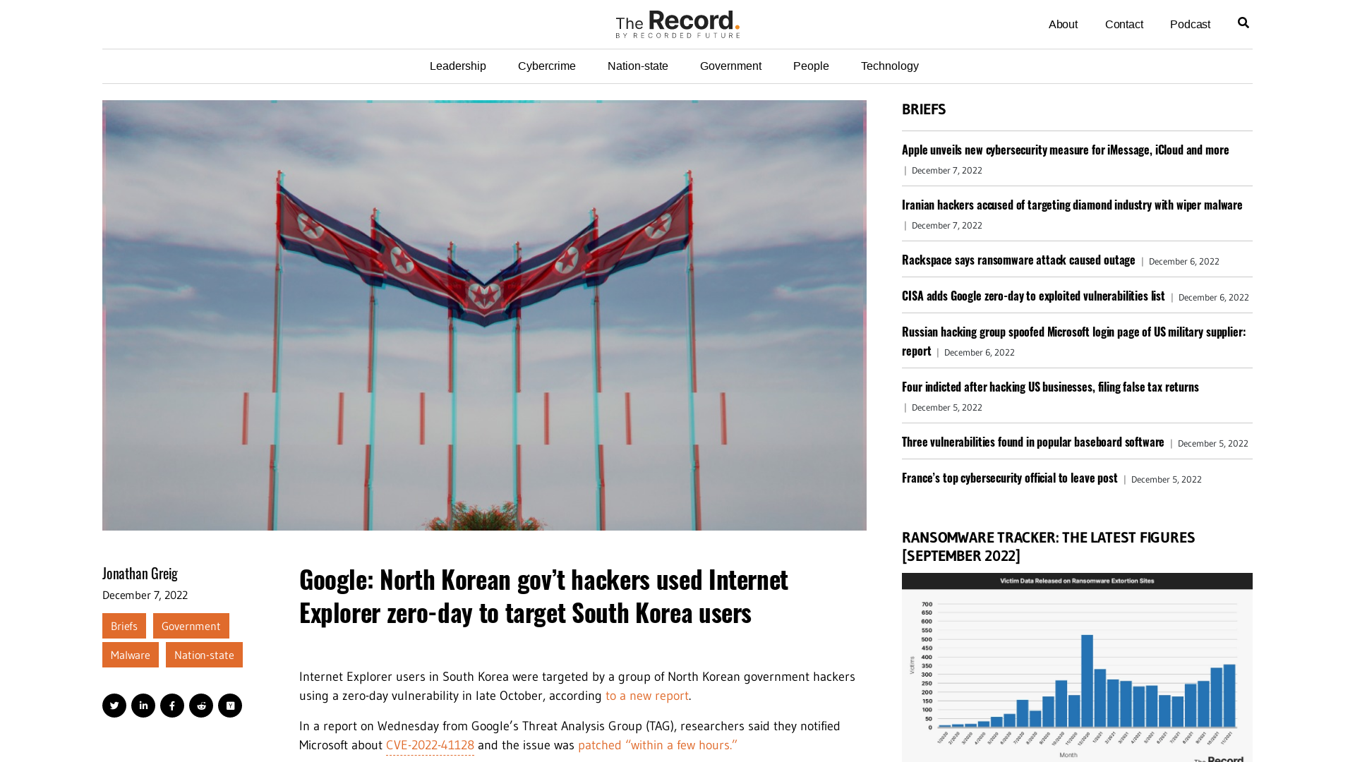 Google: North Korean gov’t hackers used Internet Explorer zero-day to target South Korea users - The Record by Recorded Future