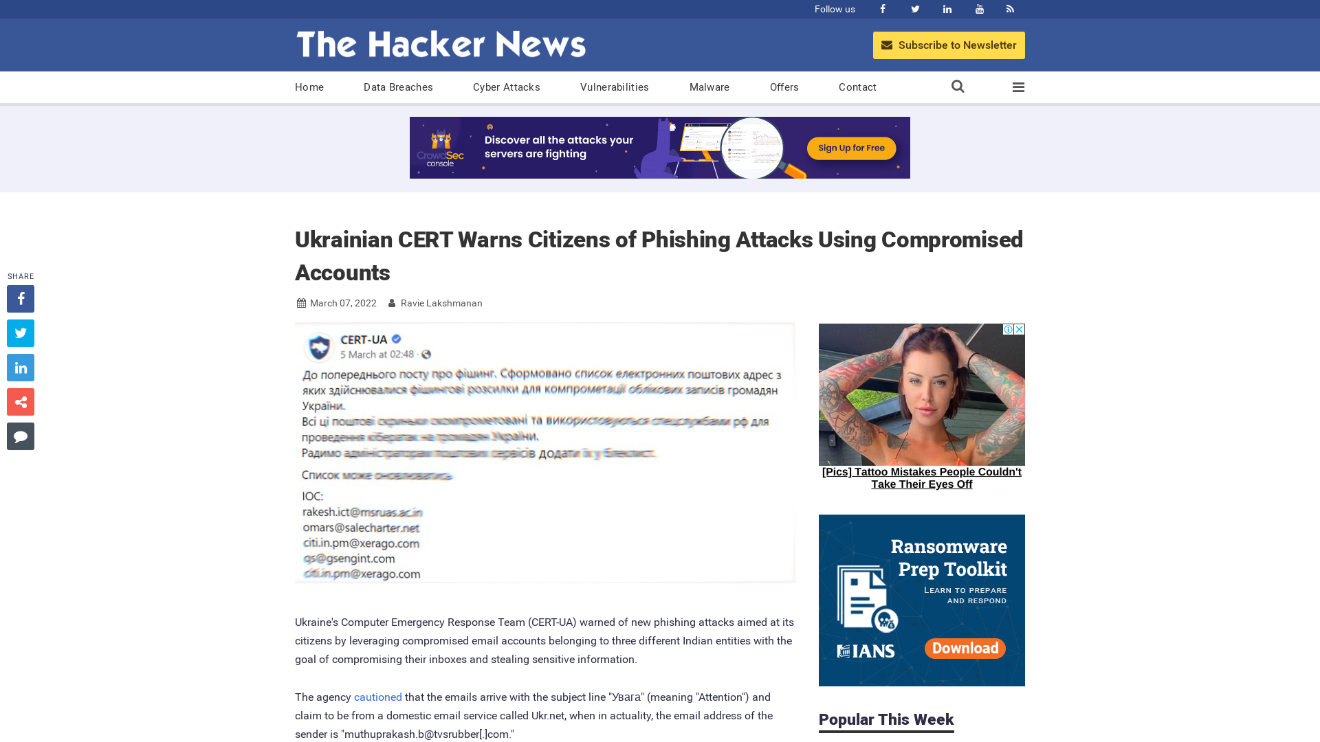 Ukrainian CERT Warns Citizens of Phishing Attacks Using Compromised Accounts