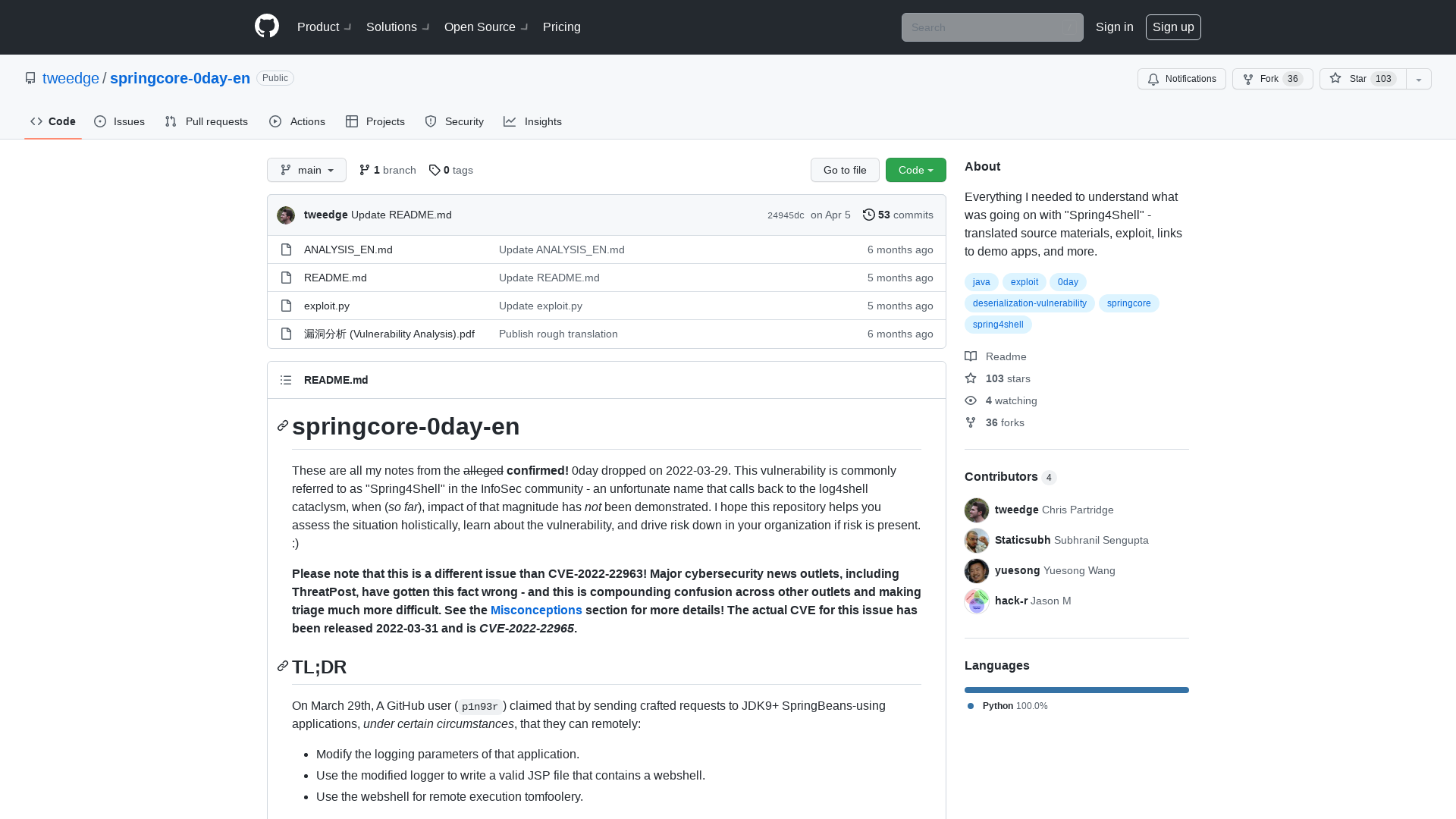 GitHub - tweedge/springcore-0day-en: Everything I needed to understand what was going on with "Spring4Shell" - translated source materials, exploit, links to demo apps, and more.