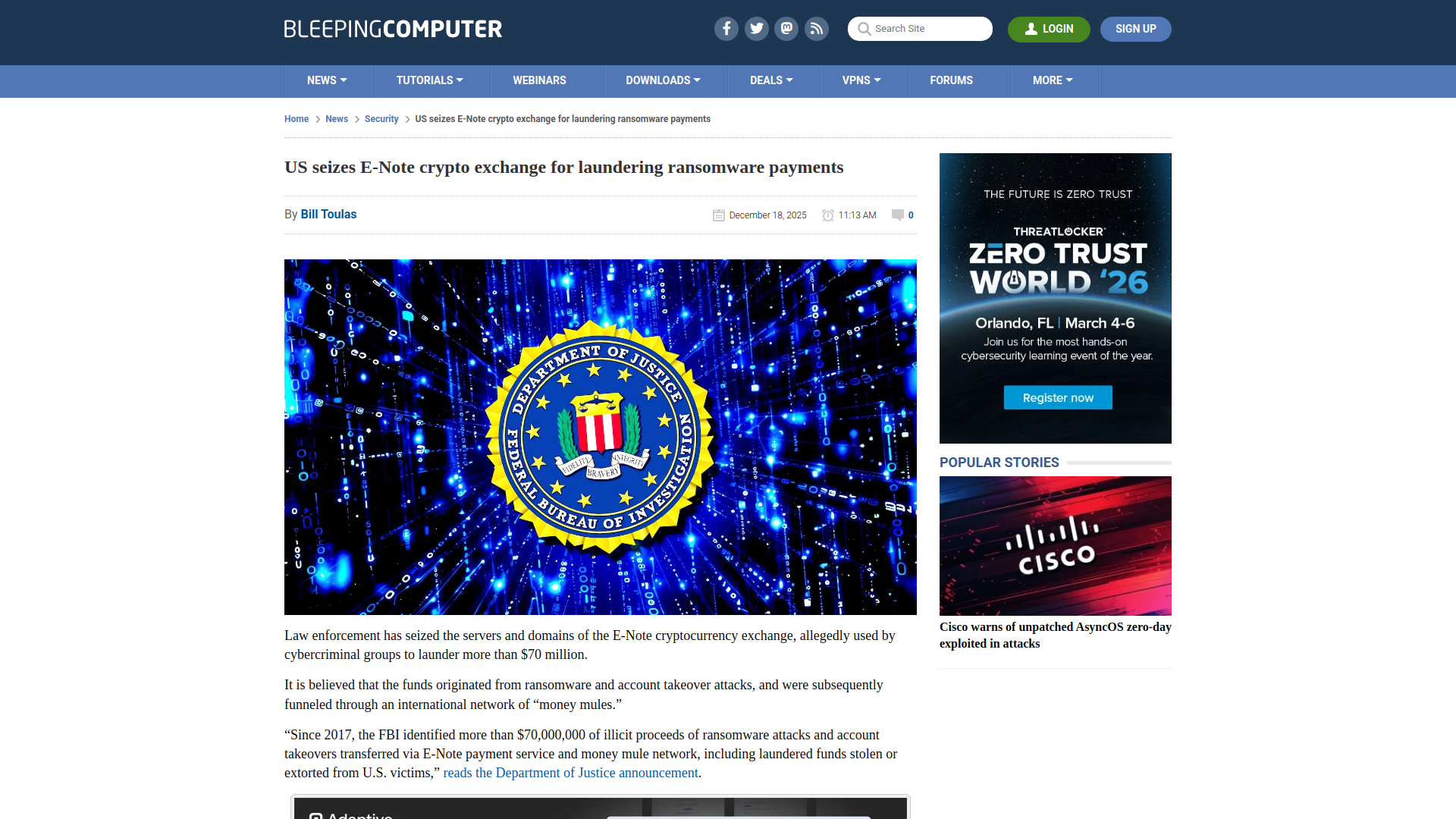 US seizes E-Note crypto exchange for laundering ransomware payments